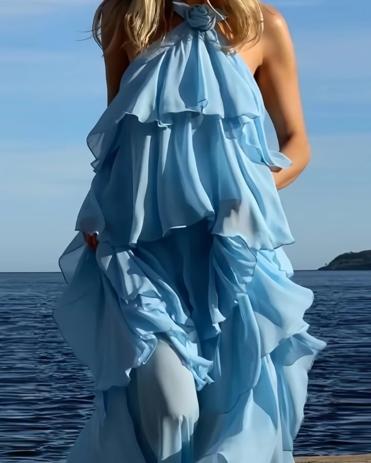 Chiffon Halter Bridesmaid Dresses for Women 3D Flower Long Tiered Ruffles Flowy Formal Wedding Guest Gown - Image 5