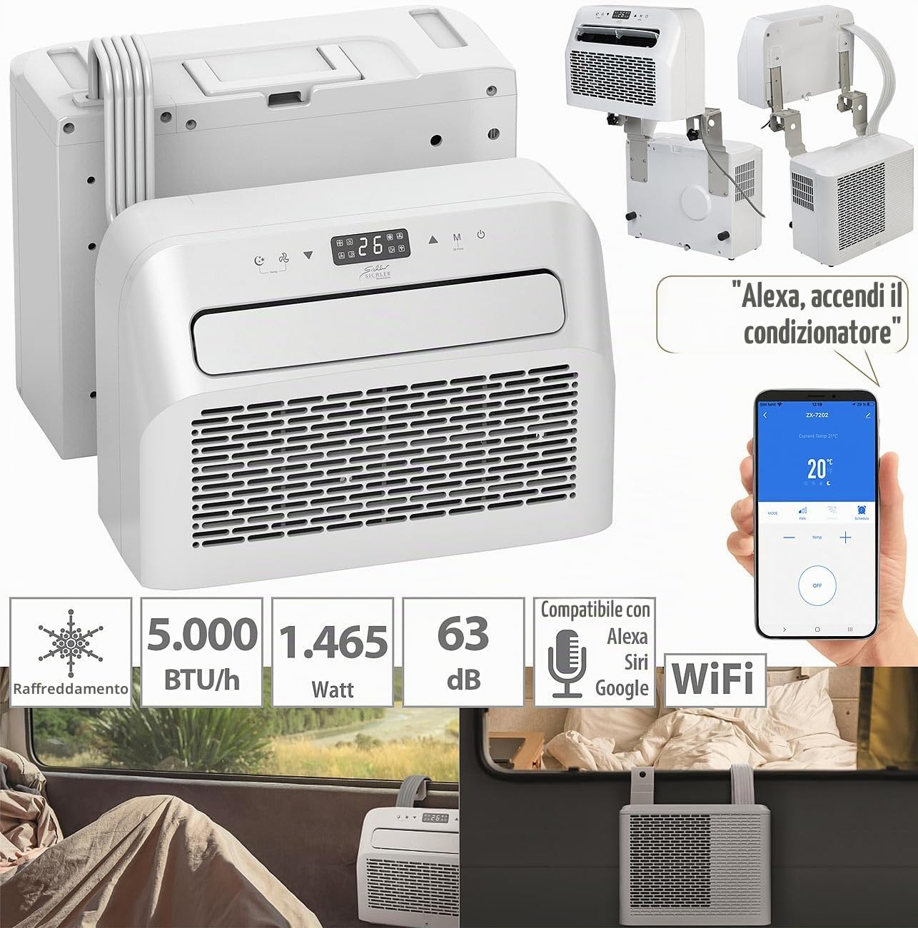 Sichler Haushaltsgeräte Climatizzatore split mobile WiFi 5000 BTU, deumidificatore, bianco