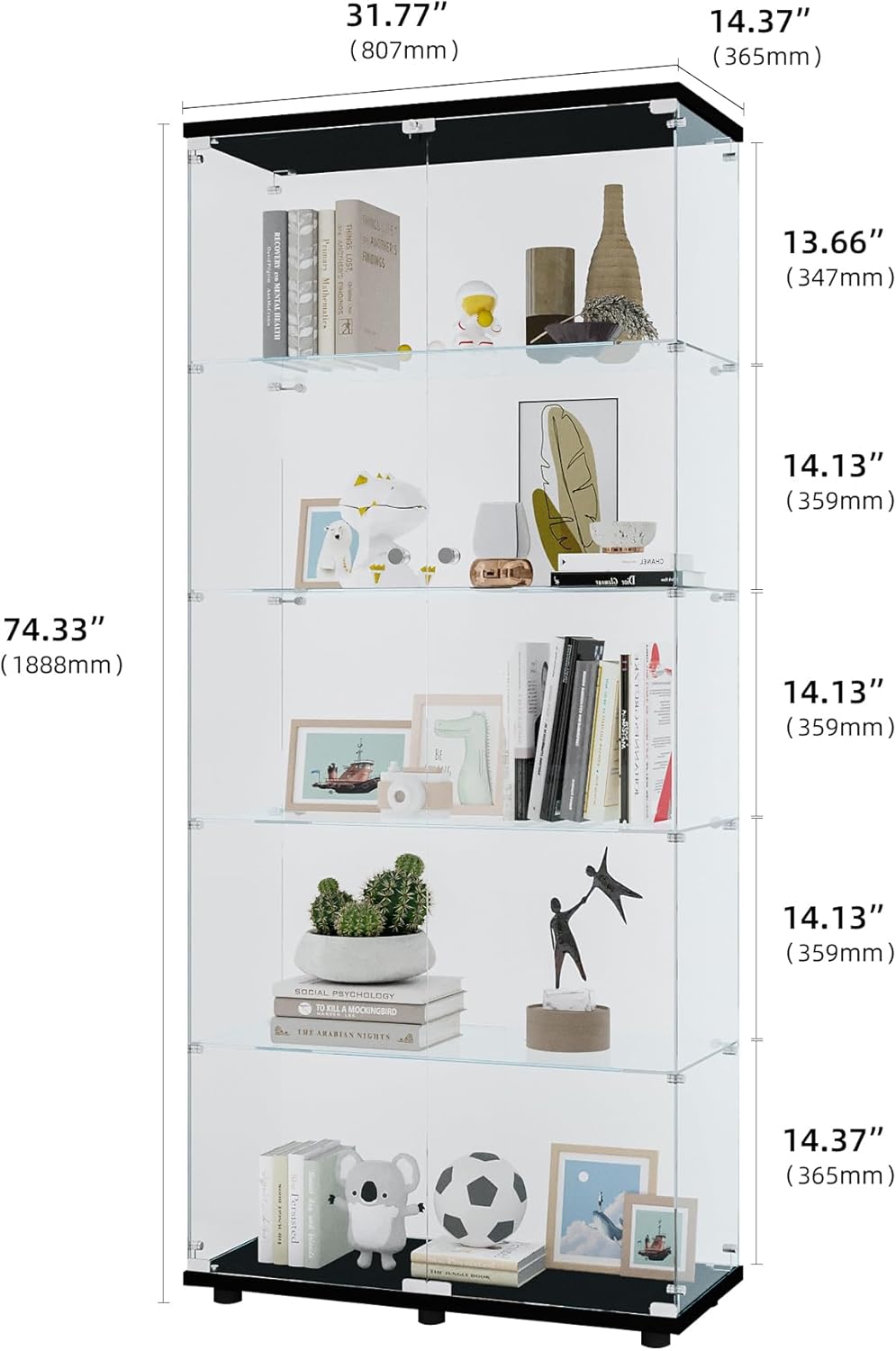 Goujxcy Modern Glass Display Cabinet with 5 Shelves, 2 Lockable Doors, Floor Standing Curio Bookshelf Collection for Living Room, Bedroom, Office (Black)