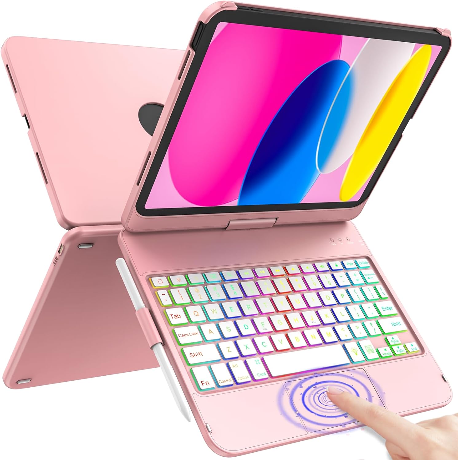 Touch Keyboard Case for iPad A16 11th Generation 2025/10th Generation 10.9 inch 2022,360° Rotatable for iPad 10th Generation Case with Keyboard- 10 Color Backlight Keyboard Case with Pencil Holder