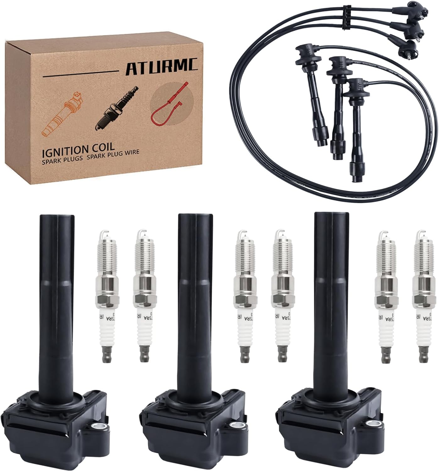 Set of 3 Ignition Coils Pack UF155 0040100430 with 6 Iridium Spark Plugs & 3 Spark plug Wire Set Compatible with 1996 1997 1998 1999 2000 2001 Toyota Lexus Camry Sienna Avalon Solara ES300 V6 3.0L