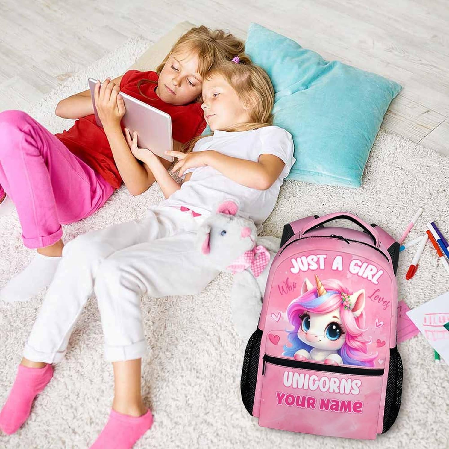 Unicorn Backpack for Kids Preschool Kindergarten Primary, Personalized Pink Schoolbag for Girls, 17 Inch Durable Custom Cute Bookbag for School