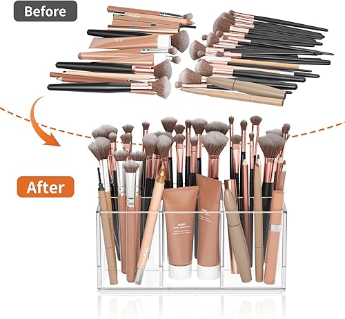 Miniatura 4 de HIIMIEI Organizador de brochas de maquillaje transparente de acrílico con 6 ranuras para cosméticos, organizador de almacenamiento para encimera de