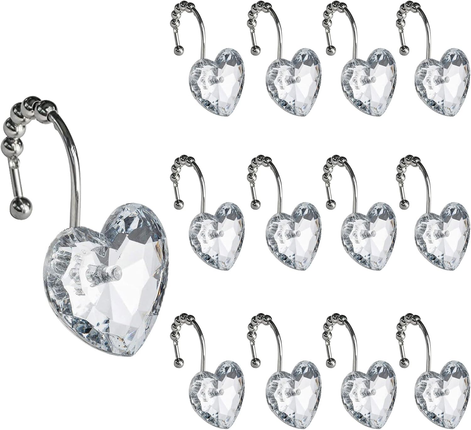Actpe Decorative Crystal Heart Shape Shower Hooks Rust Resistant Hooks Glide Shower Ring Hangs for Bathroom Shower Rods Curtain, Pack of 12 (with Glide Balls)