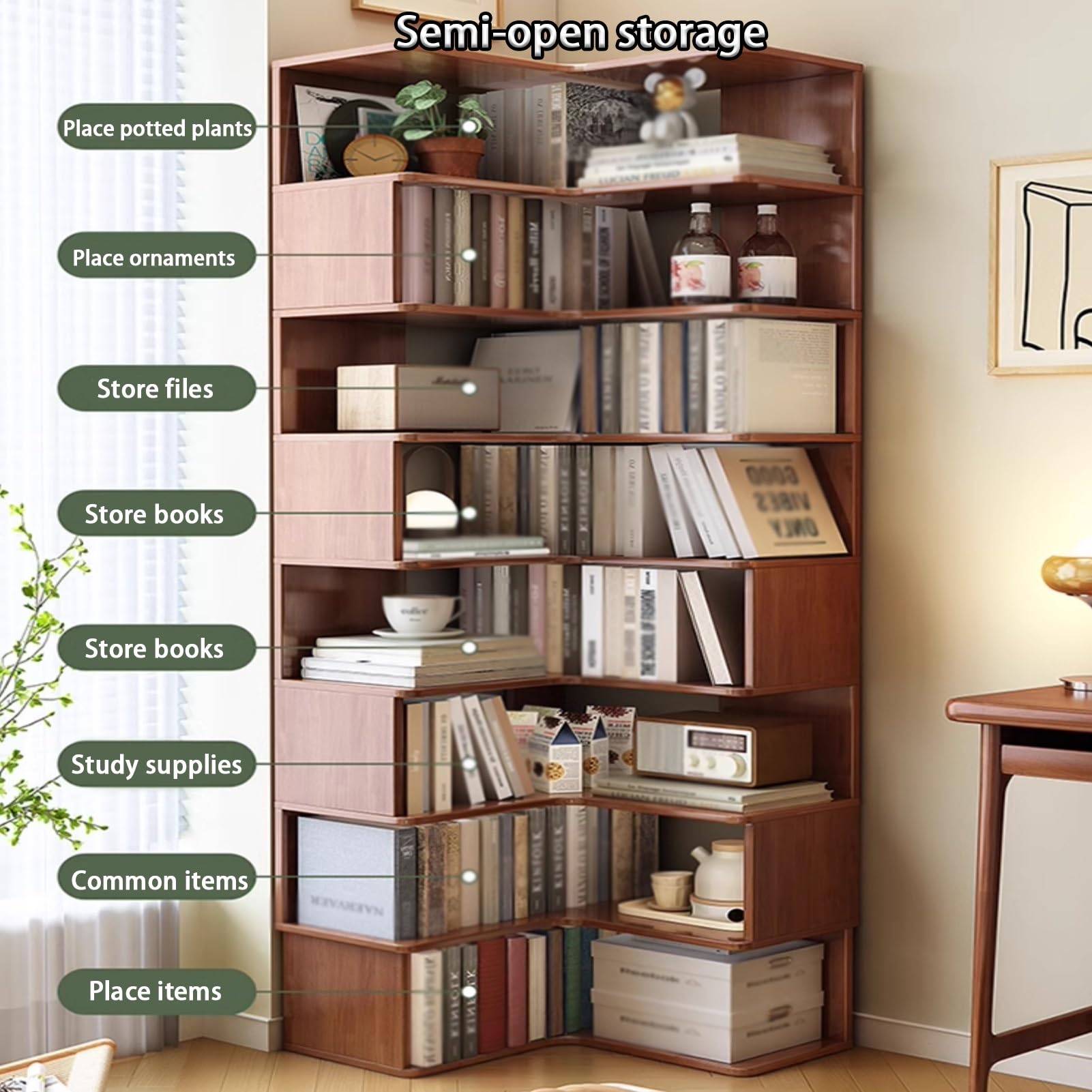 Libreria angolare a forma di L, scaffale aperto in legno, scaffale autoportante, salvaspazio, per casa e ufficio (180 cm)