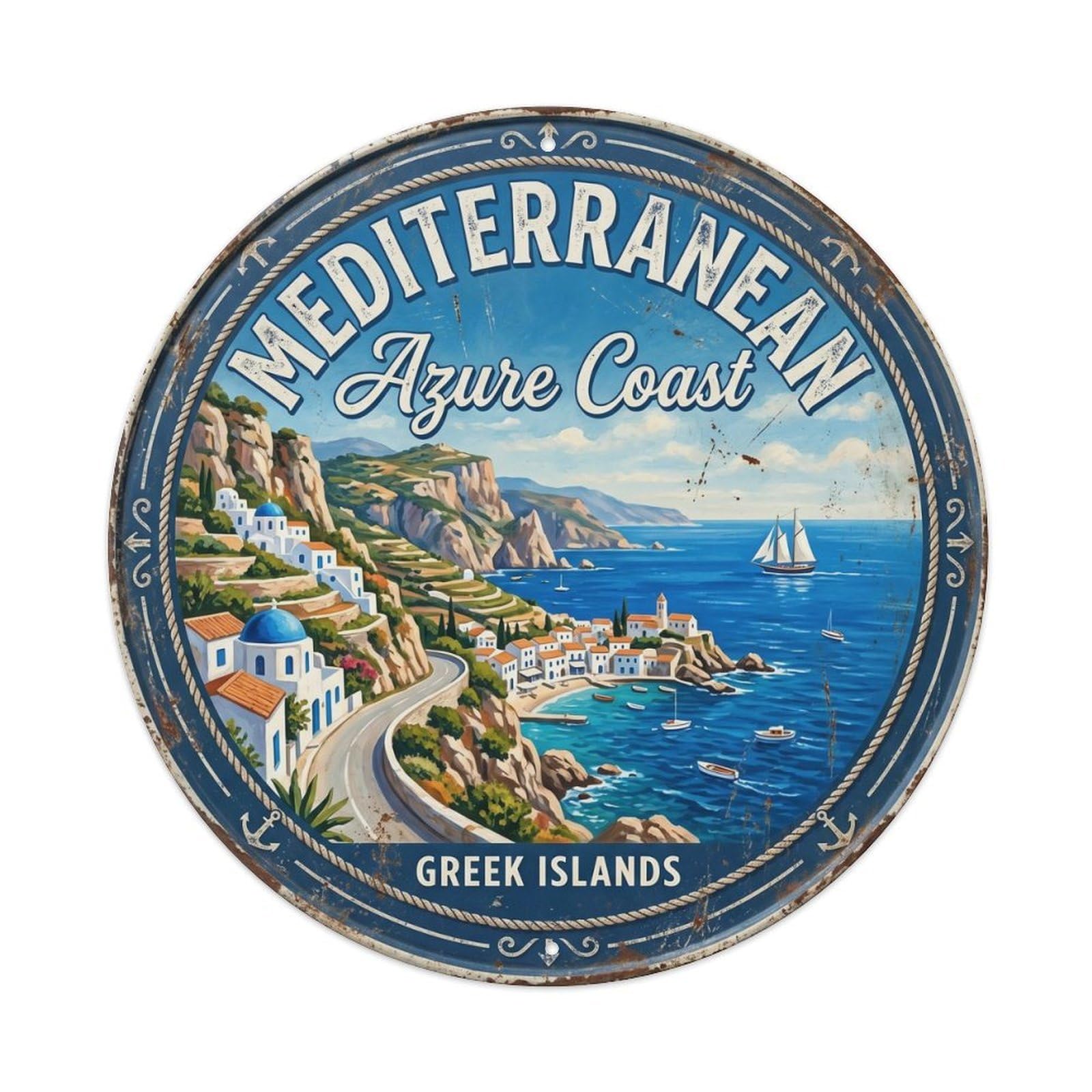 Cmhok Vintage Style Vintage Travel Coastline Mediterranean Azure Metal Tin Sign Plaque Wall Decor For Cafe, Club, Garden Round Metal Poster 8X8inch