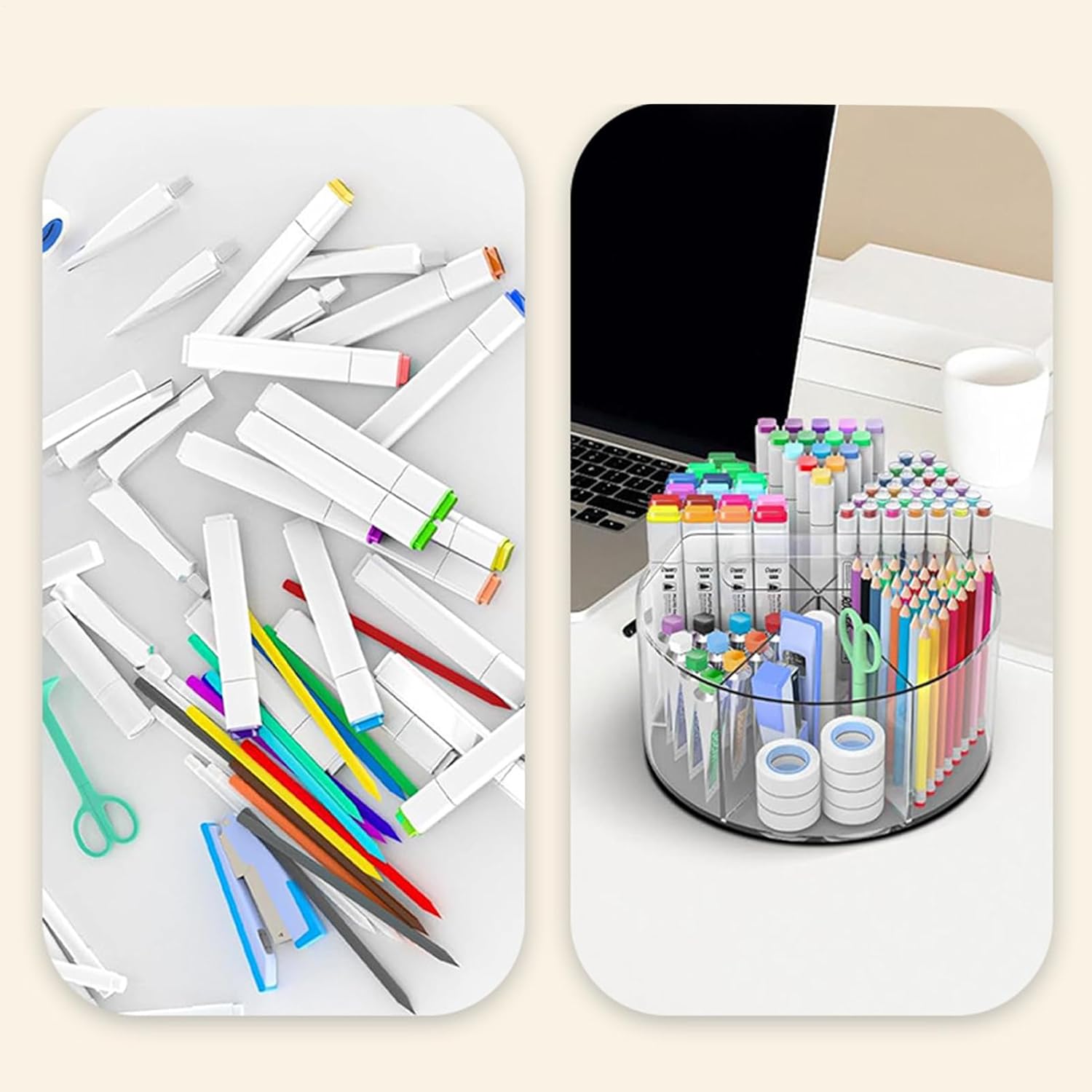 回転式 デスク ペン立て - 透明アート用品オーガナイザー | アクリル製 多用途収納ホルダー 化粧ブラシ 学生 教師 女性 教室