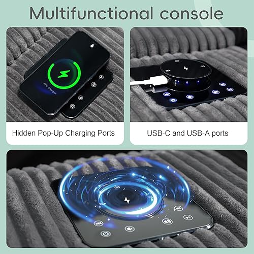 Miniatura 6 de Sofá modular de pana de 114 pulgadas con altavoces, sofás en forma de L, cómodo sofá profundo con consola, cargador USB, portavasos, almacenamiento,