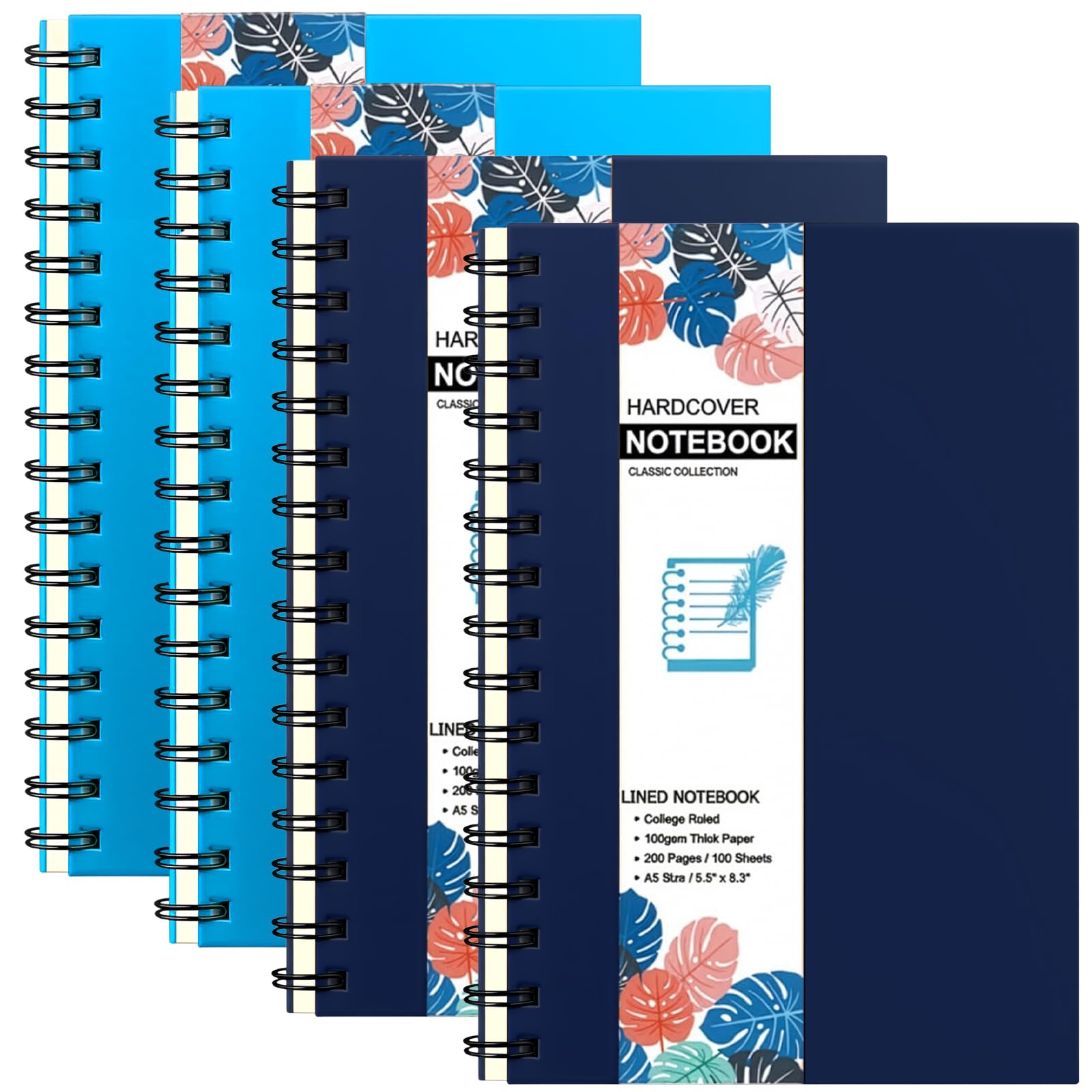 Coopay Confezione da 4 quaderni a spirale con copertina rigida A5, a righe, con divisori rimovibili per scuola, ufficio, forniture aziendali, 21,1 x 14 cm