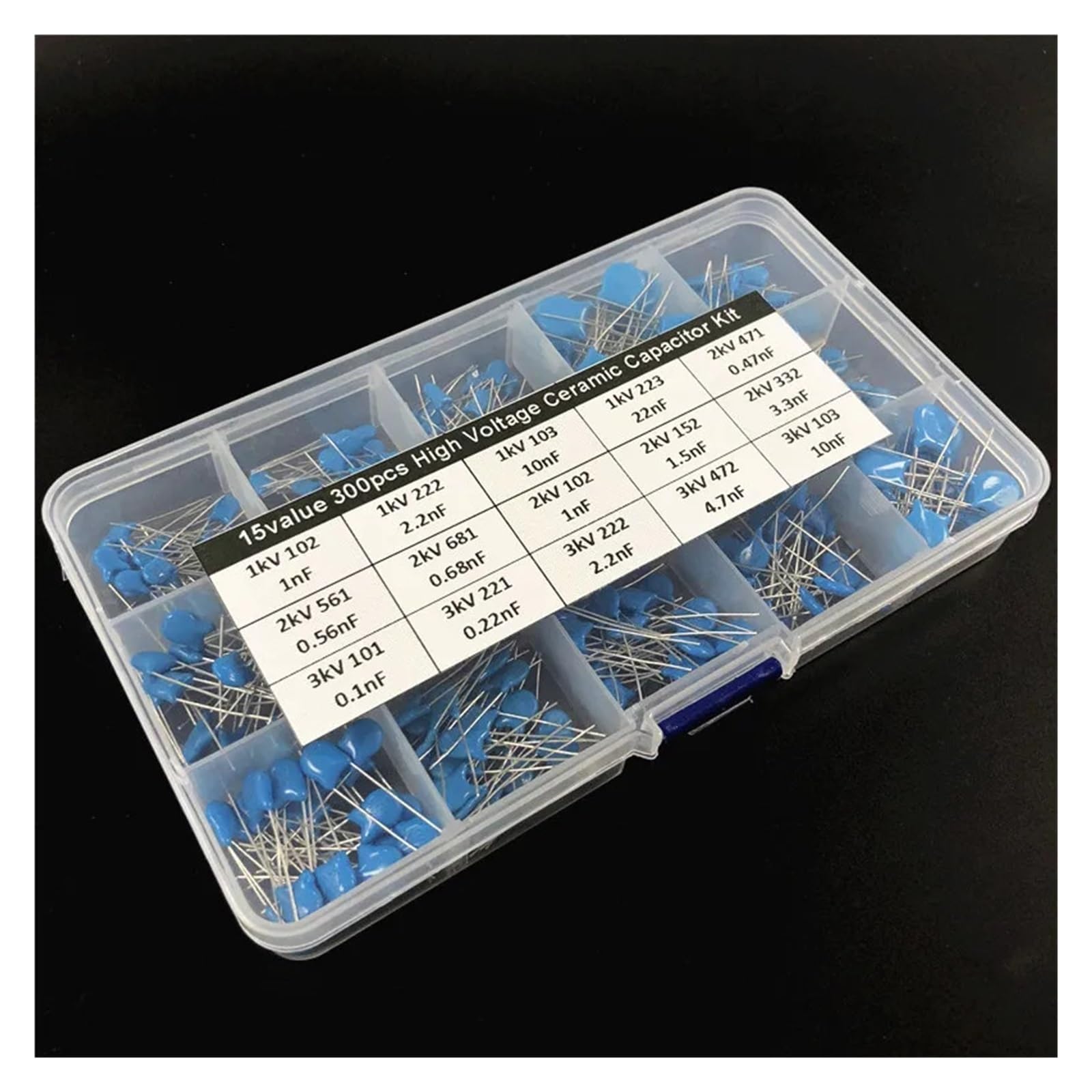 ICXLPMC 15values 1KV/2KV/3KV (0.1nF to 22nF) High Voltage Ceramic Disc Capacitor assorted kit with box Total 300pcs