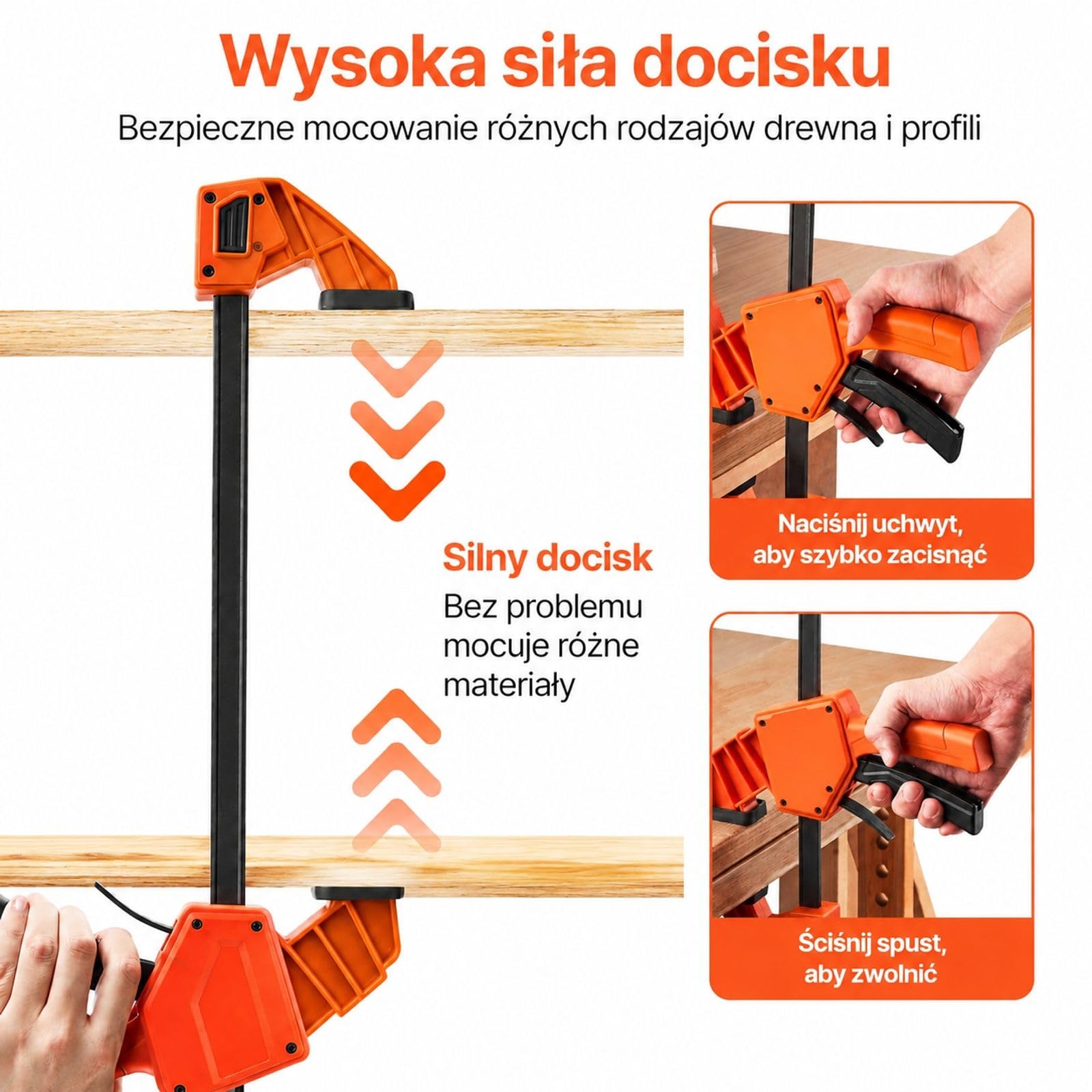 Zestaw 2 ścisków stolarskich F do obróbki drewna, korpus z tworzywa i szyna ze stali węglowej, pomarańczowo-czarny