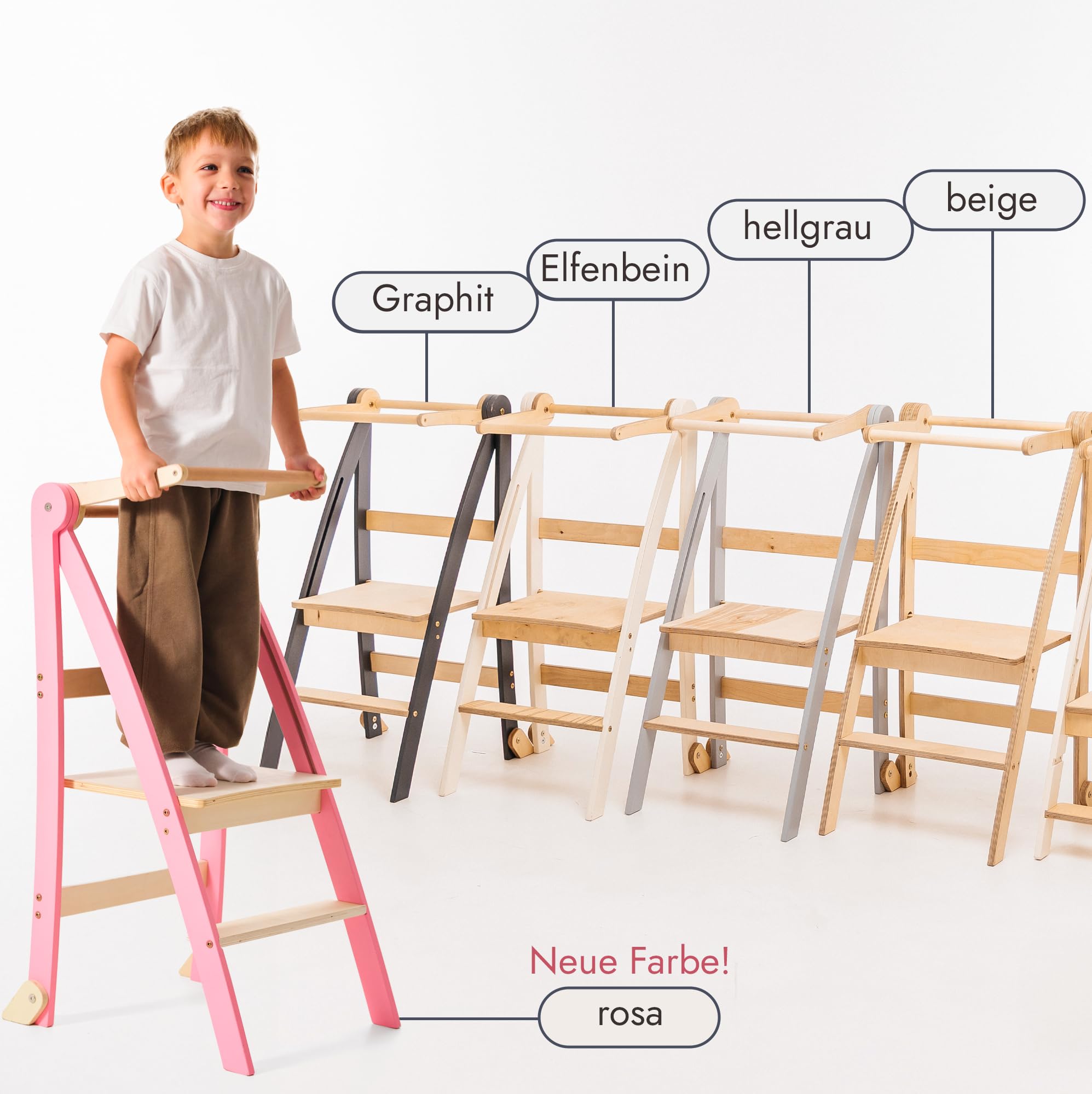 Goodevas Holz Lernleiter Montessori platzsparend: Klappbare Lernleiter, Hocker für Kinder, Faltbare Kindertreppe, Lernleiter mit Kippschutz