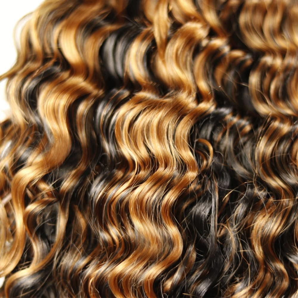 Ombre Human Hair Bundle Highlight Brown Deep Wave Bundles 30 32 34 Inch Grade 8A Brazilian Virgin Remy Hair 3 Bundles Double Weft P1B/30 Bundle Hair Weave