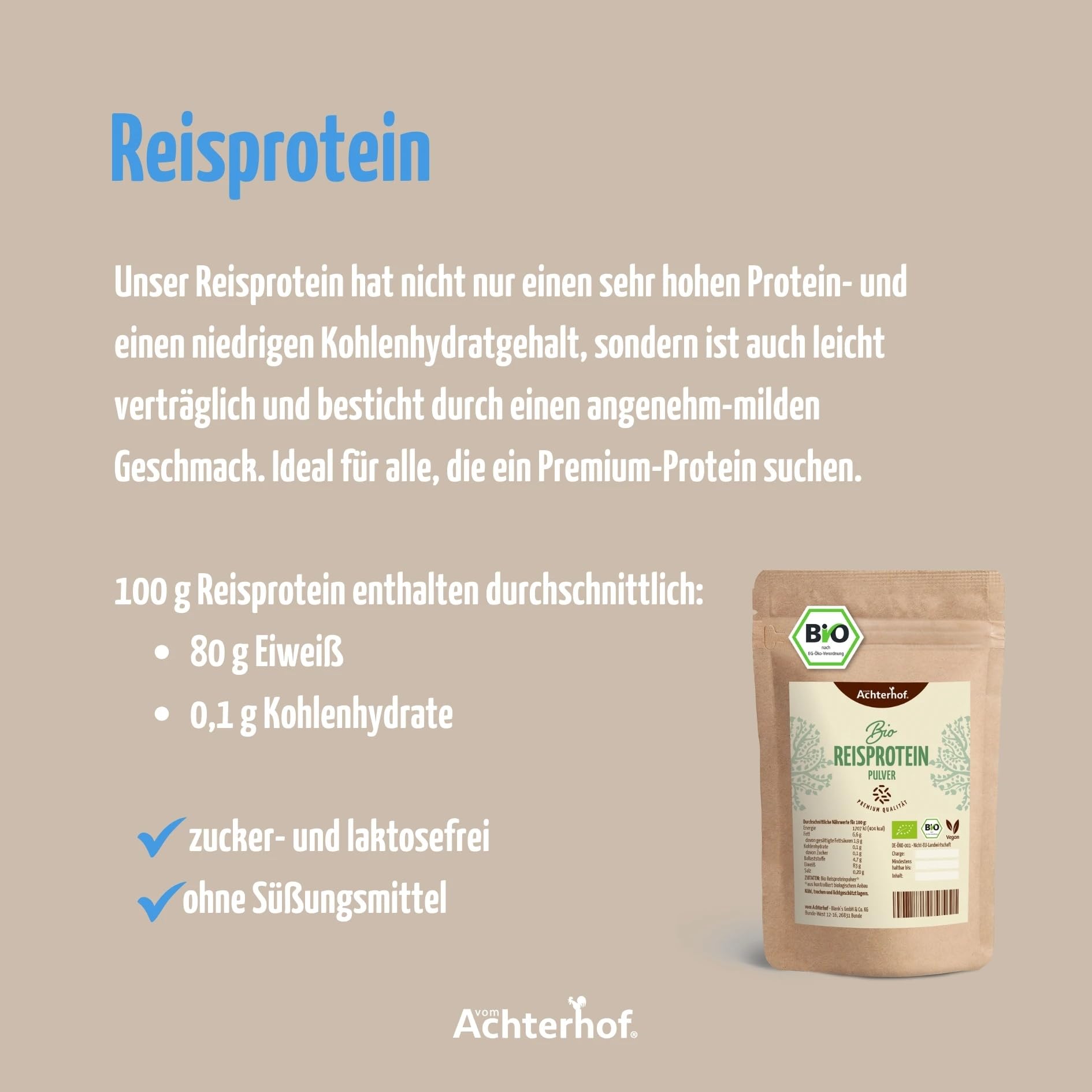 Reisprotein BIO | 1 KG | 83% Proteinanteil | Veganes Proteinpulver | Glutenfrei | direkt vom Achterhof