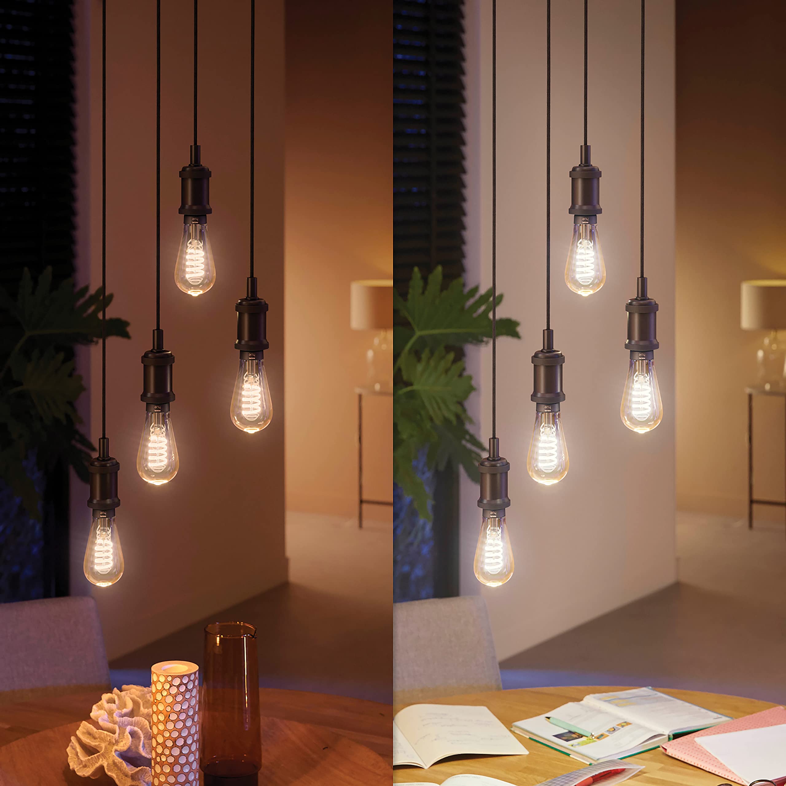 Philips Hue Starterpaket - E27 - mit 2 Filament Edison Glühbirnen Groß (ST72) - Warm bis Kaltweißes Licht - inkl. 1 Hue Bridge - Hue White Ambiance Filament