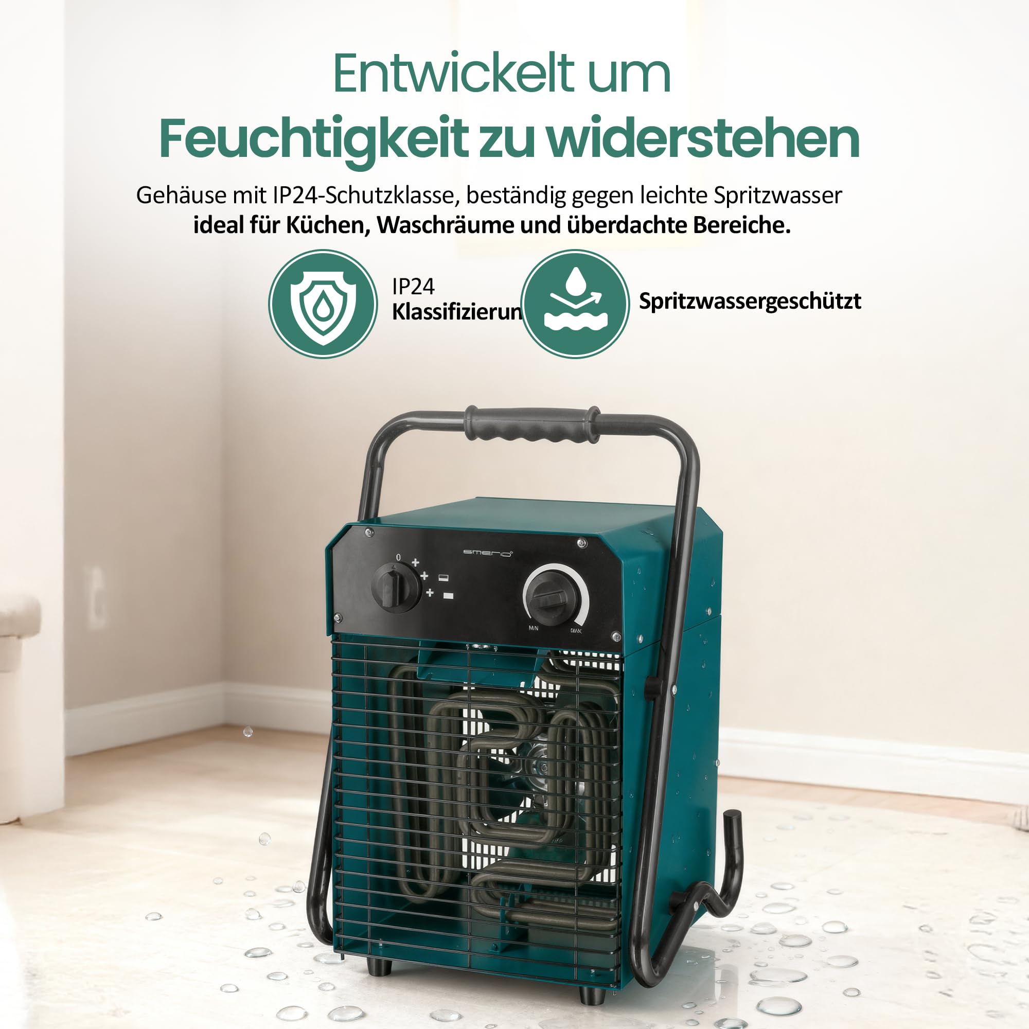EMERIO FH-105537.4 termowentylator | do pomieszczeń do 50 m² | IP24 | prąd o mocy 5000 W | element grzejny ze stali nierdzewnej | 2 stopnie grzania | regulowany termostat | zabezpieczenie przed