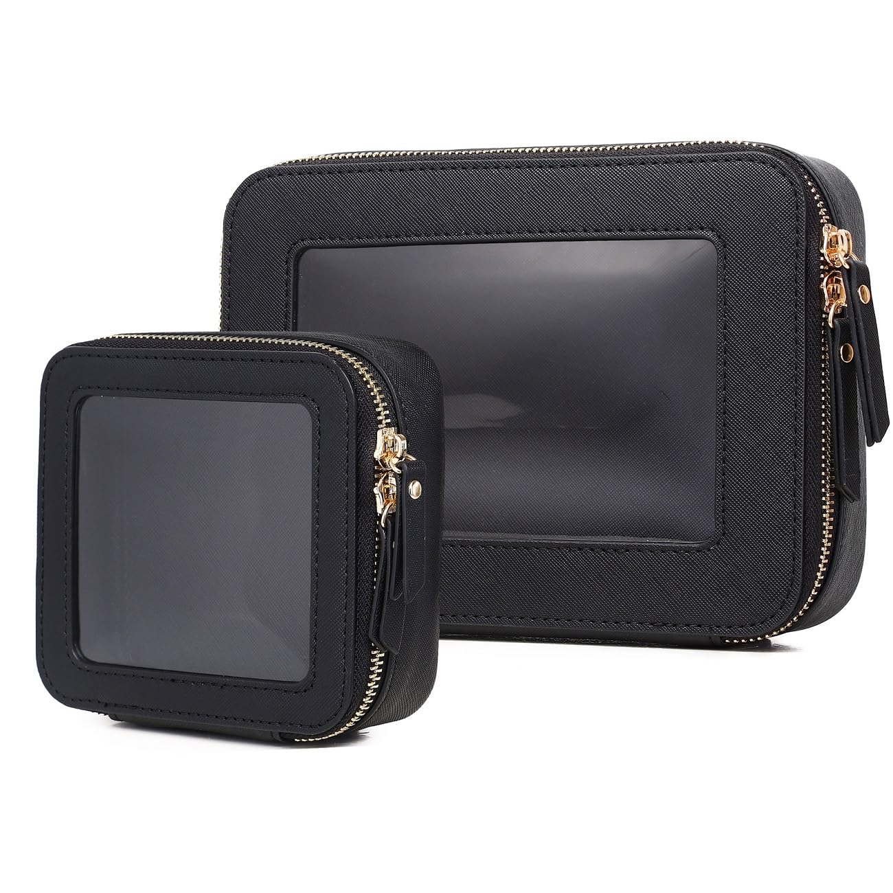 Clear Makeup Bag with Small Makeup Bag Portable Travel Cosmetic Bag and Toiletry Bag Set Waterproof Cosmetic Stroage Organizer Bag with Zipper Car Bag for Women (H/Black, M+Mini)