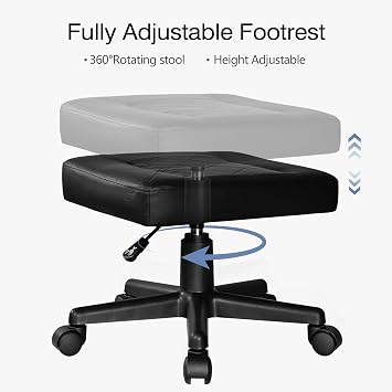 VECELO Under Desk Footrest, PU Ergonomic Foot Rest with Wheels, Comfort Padding, Height Adjustable for Relieving Leg Pain, Stiffness, Black