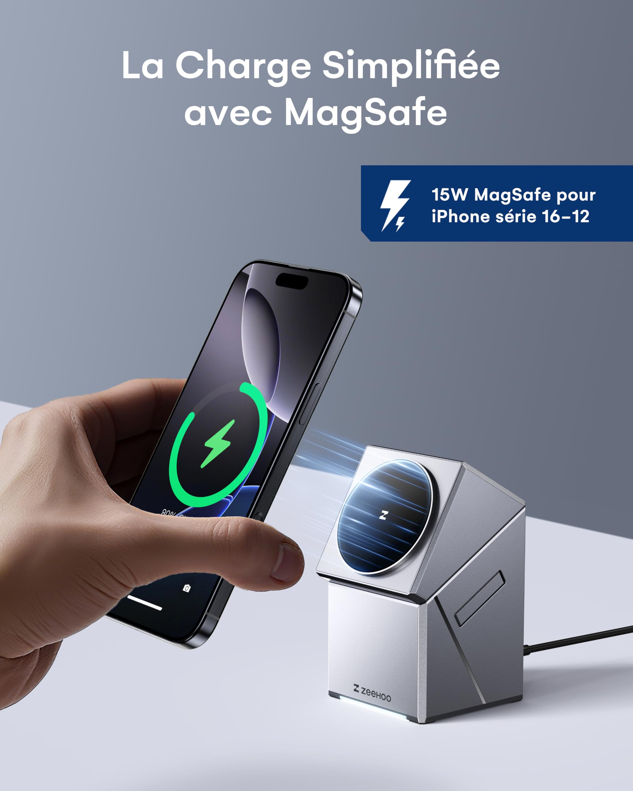 ZEEHOO Station de Charge 3 en 1 pour Apple, iPhone, Support de Chargeur Rotatif sans Fil pour iPhone 16, 15, 14, 13, 12, Apple Watch, AirPods (Chargeur USB-C Inclus)