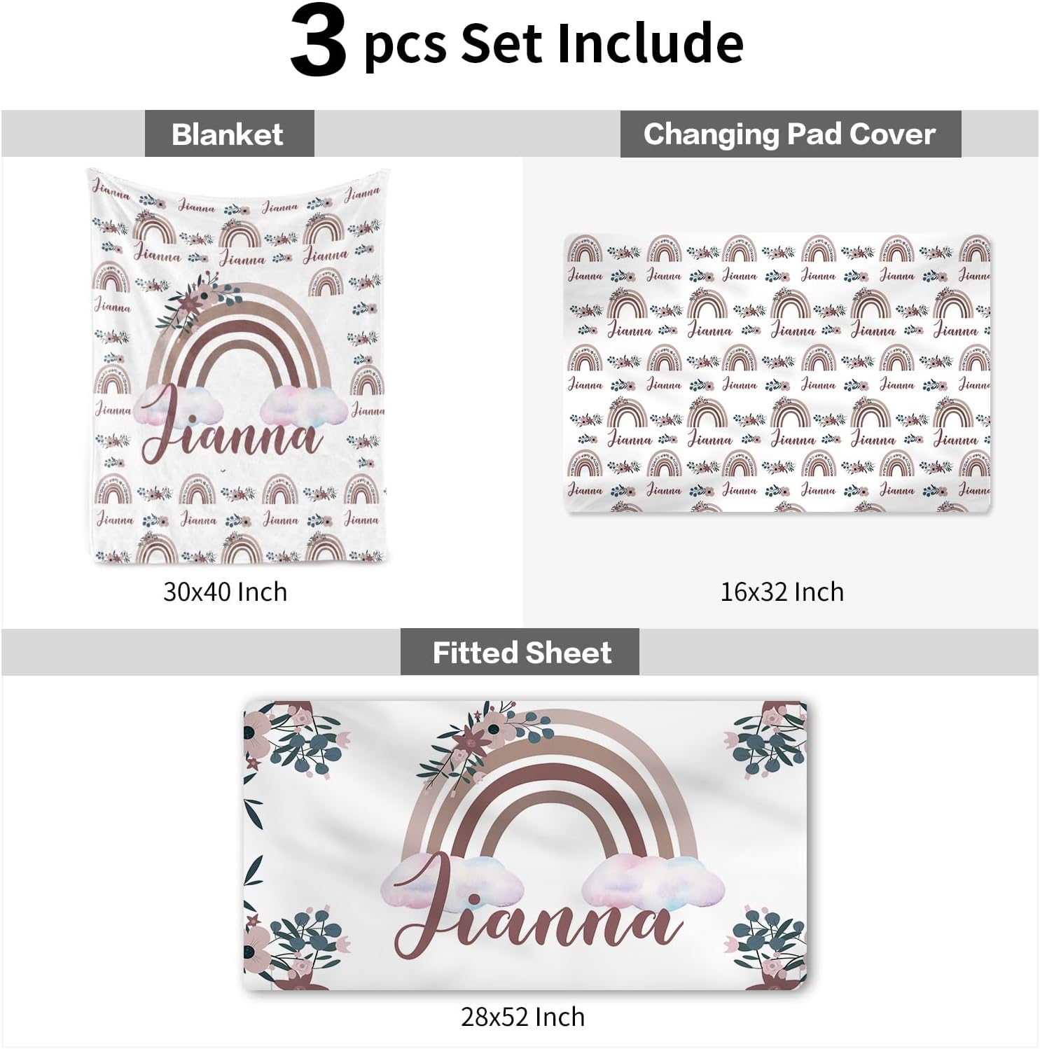 Personalized Boy Crib Bedding Set for Infant Baby: Custom Name Nursery Decor Rainbow Light Brown Baby Blanket Fitted Crib Sheet Changing Pad Cover 3 Pcs(Fixed Size)
