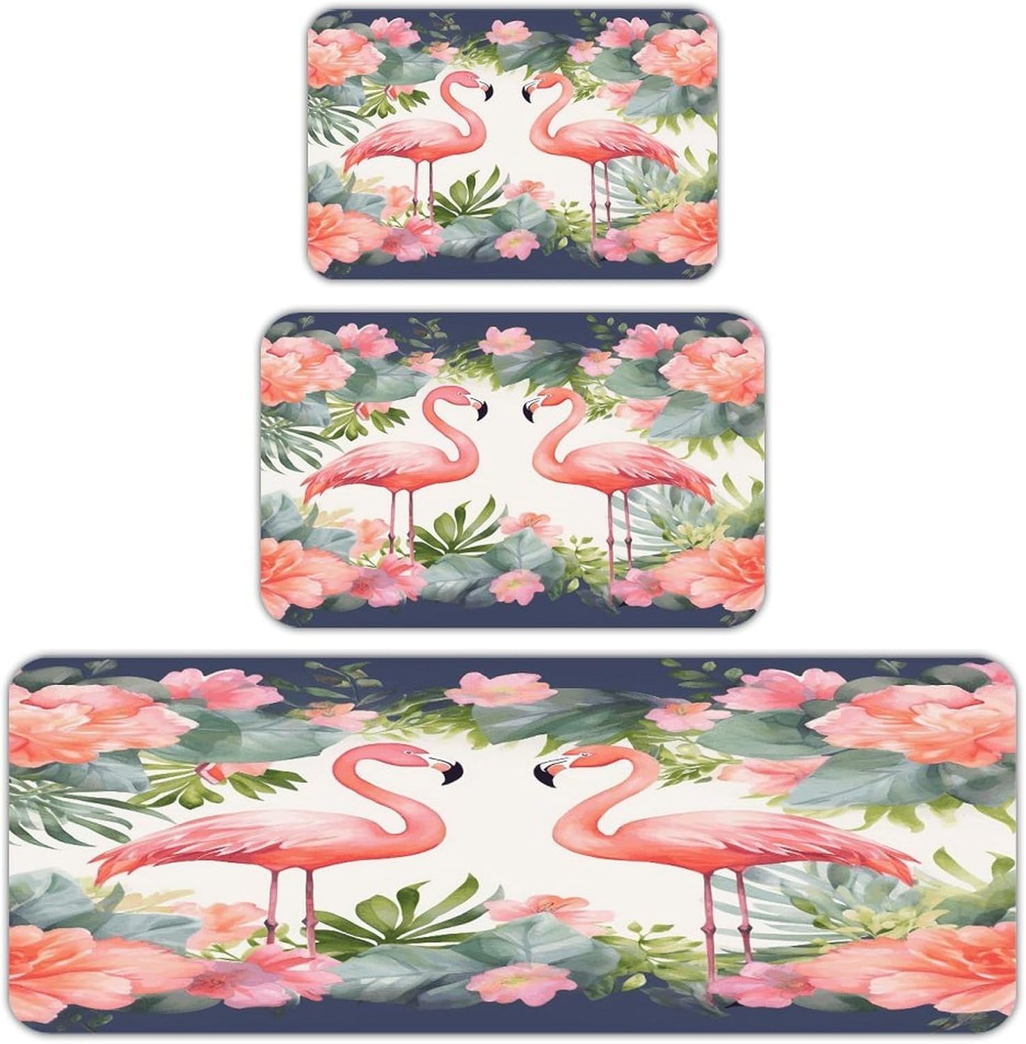 Flamingos and Flowers Kitchen Mats Soft Absorbent Rugs for Floor Non Slip Washable Kitchen Mats Fashion Rectangular Rugs for Three-Piece Set for Laundry Office Home Sink