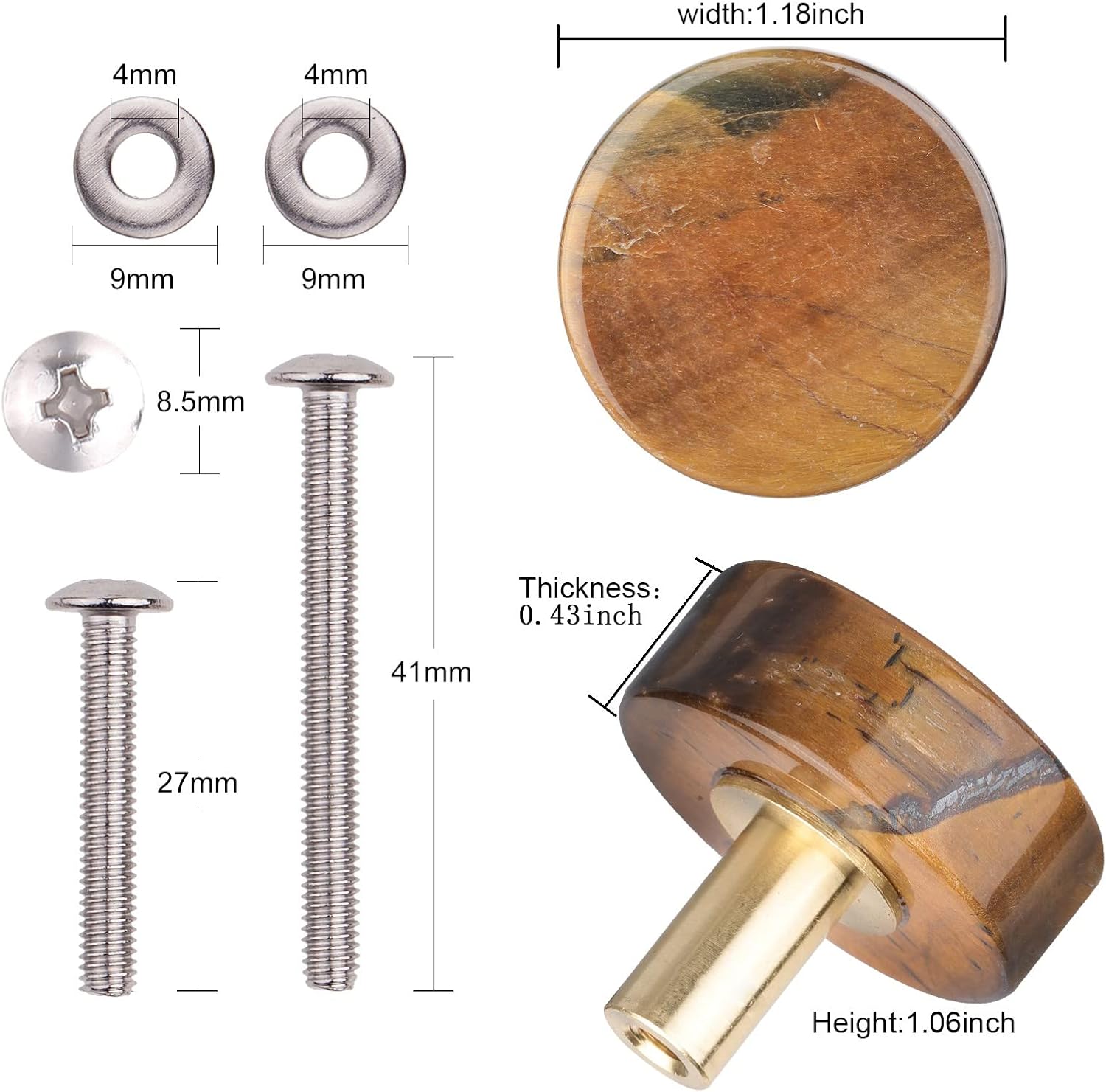 SUNYIK 4Pcs Polished Round Crystal Stone Drawer Knobs with Screws, Pulls Handle for Dresser Cabinet Cupboard Home Office Door Decor, Tiger's Eye