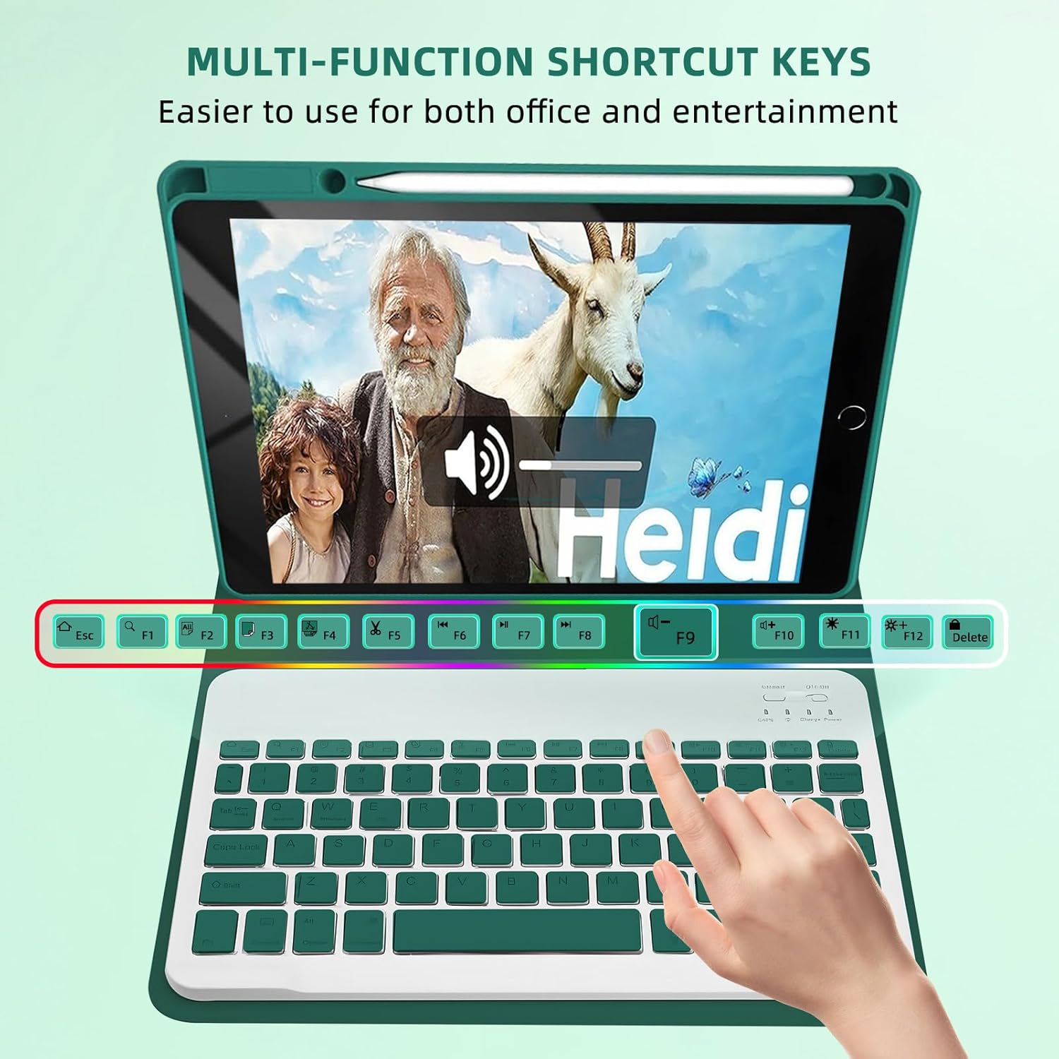 Keyboard Case for iPad 9th / 8th / 7th Gen 10.2 inch/Air 3rd / Pro 10.5 inch - 7 Colors Backlit Keyboard Cover and Mouse (Dark Green)