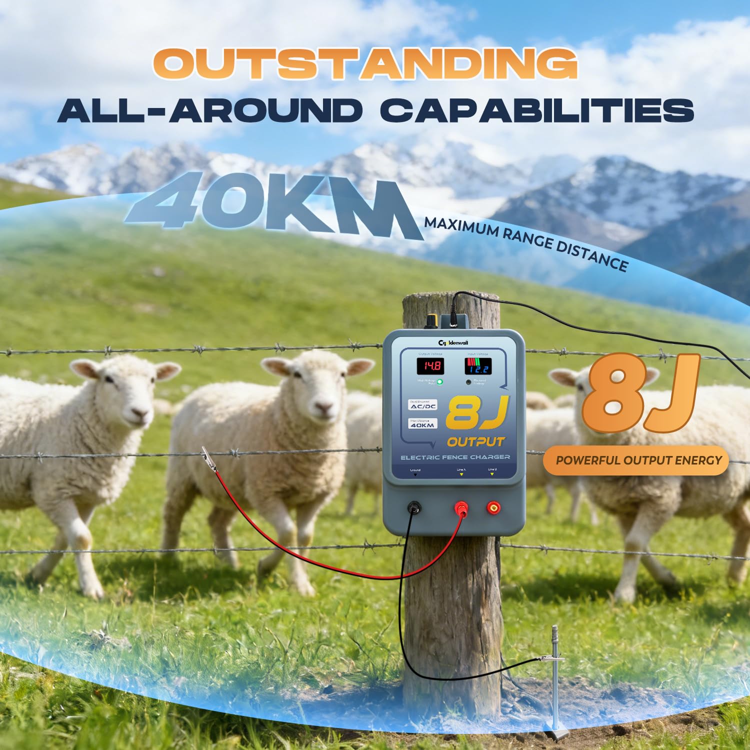 CGOLDENWALL 8J Elettrificatore per Recinzioni da Pascolo, AC/DC Alimentazione, 2 in 1 7-13KV regolabile, Allarme, IP45 Impermeabile, 40KM Portata per Cavalli, Pollame, Ranch, Giardino (8J)