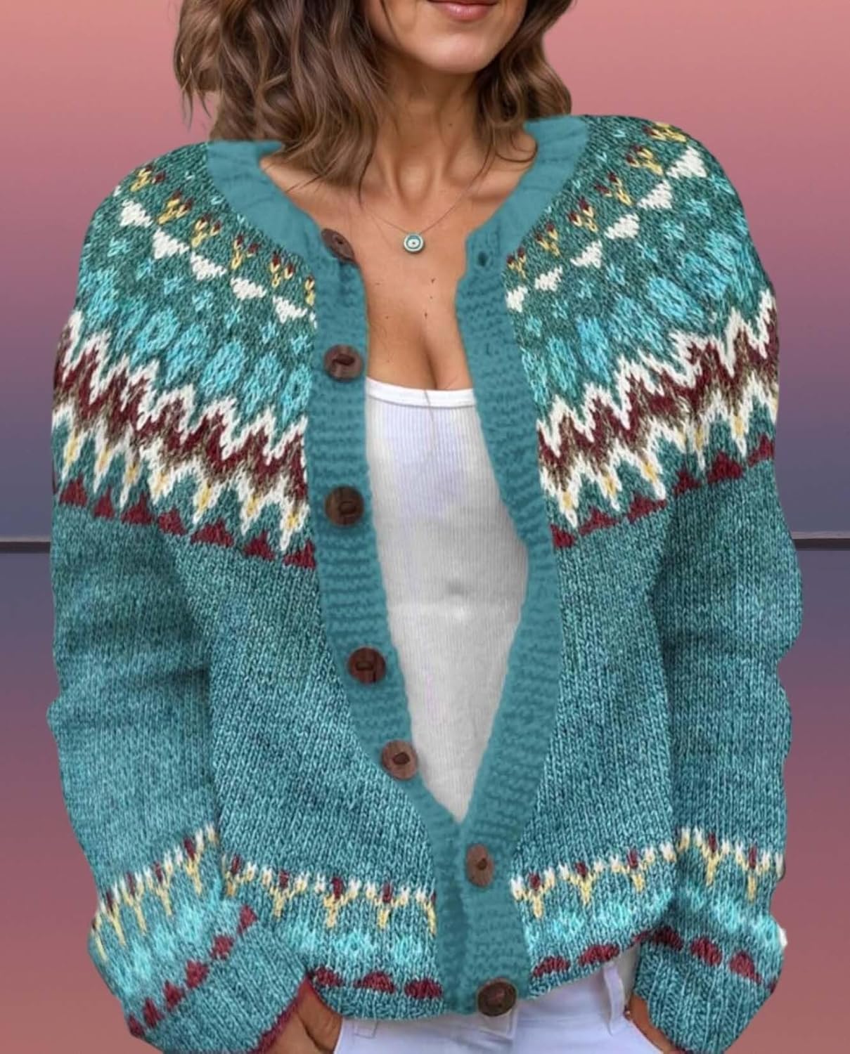 Women's Fair Isle Pattern Knit Cardigan Sweater Vintage Button Down Open Front Jacket Coat for Fall & Winter 2025 - Image 6