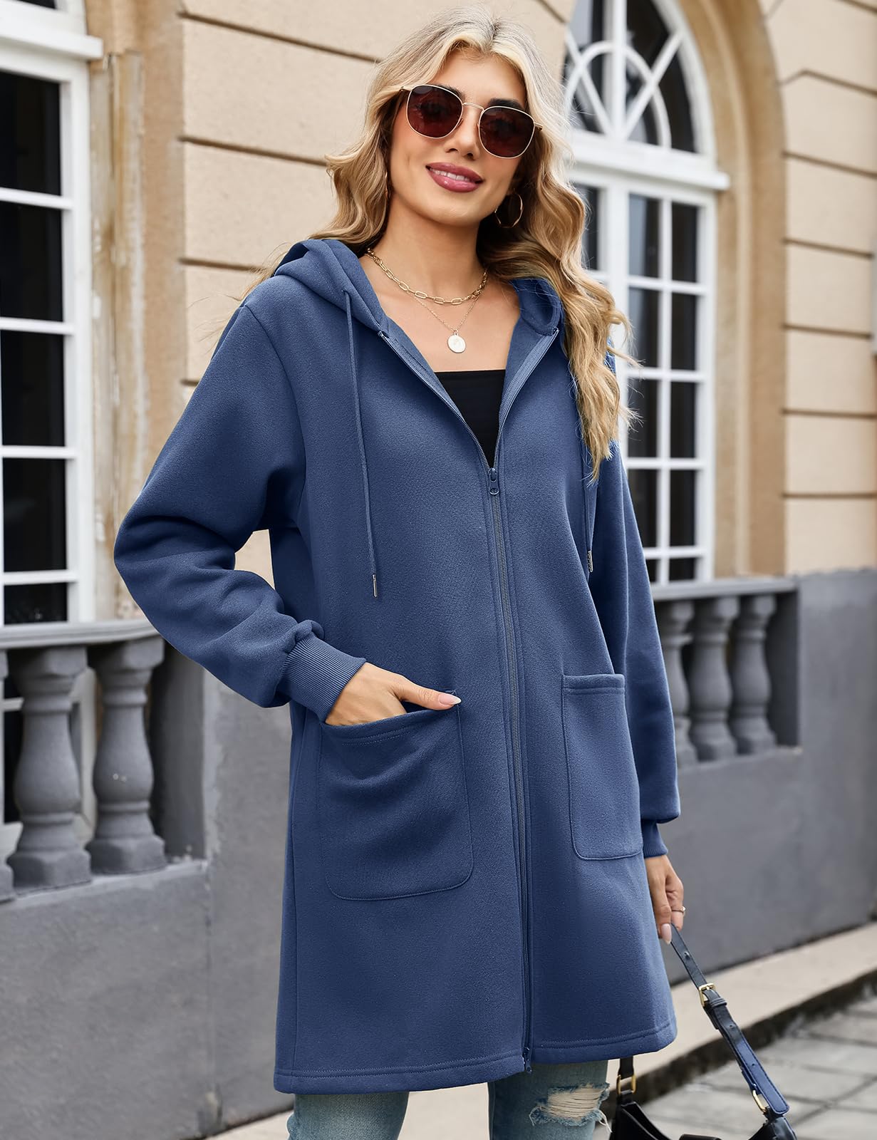 Vancavoo Sweat Long Femme à Capuche avec Fermeture Éclair Bidirectionnelle | Veste Longue à Cordon, Poignets Côtelés et 2 Poches Plaquées, pour le Quotidien, Printemps et Automne