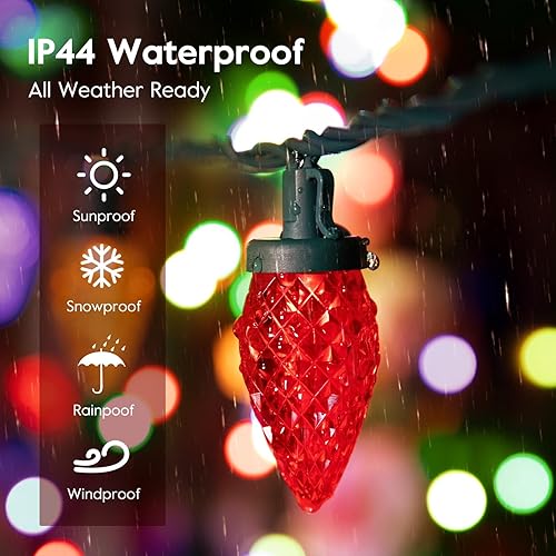 Vista 46 de Brightown C9 - Guirnalda de luces LED de Navidad, 33 pies, 50 luces LED impermeables de fresa Blanco