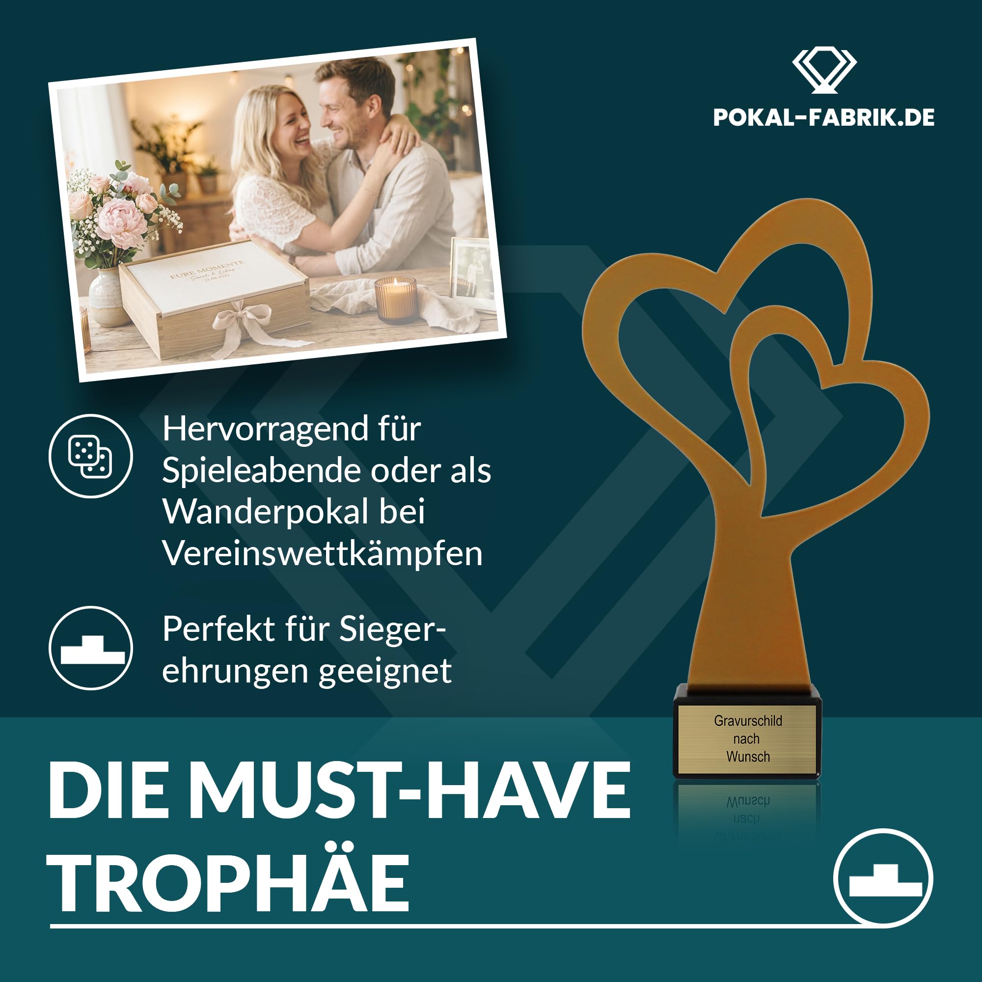 Pokal-Fabrik - Goldener Herz Pokal 21 cm aus Metall mit Gravur - Geschenk-Trophäe mit Herz-Silhouette & Steinsockel - Personalisiertes Geschenk - Muttertagsgeschenk | Hochzeitsgeschenk