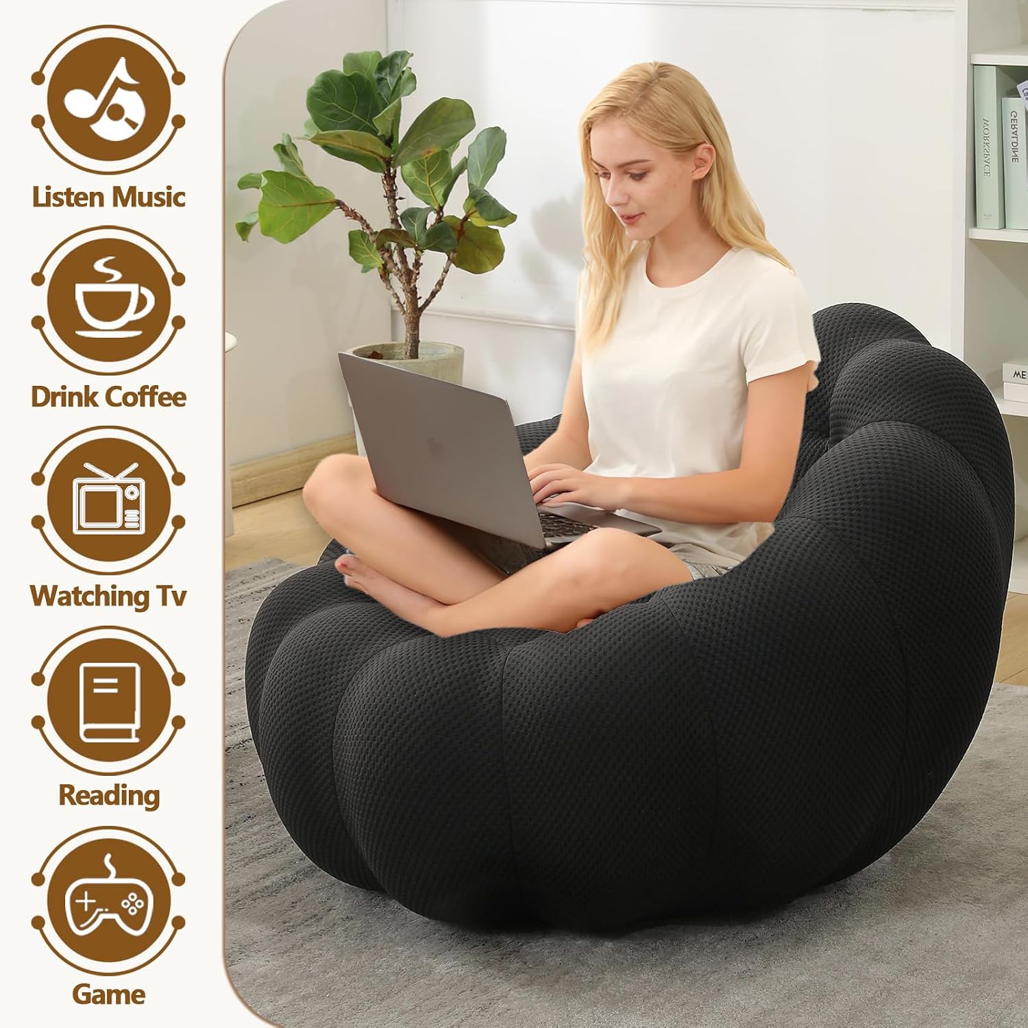 Memory Foam Bean Bag Chair for Adults/Kids, Small Cool Bubble Chairs for Bedroom, Cute Bubs Chair in A Box, Unique Pumpkin|No Assembly|Funky Reading Chair (Black, 37“)