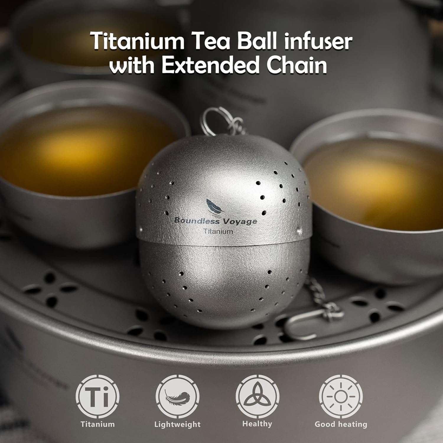Boundless Voyage Titanium Tea Ball Infuser for Loose Tea Lightweight Tea Strainers Tea Steeper Fine Holes Tea Filter with Extented Chain Hook