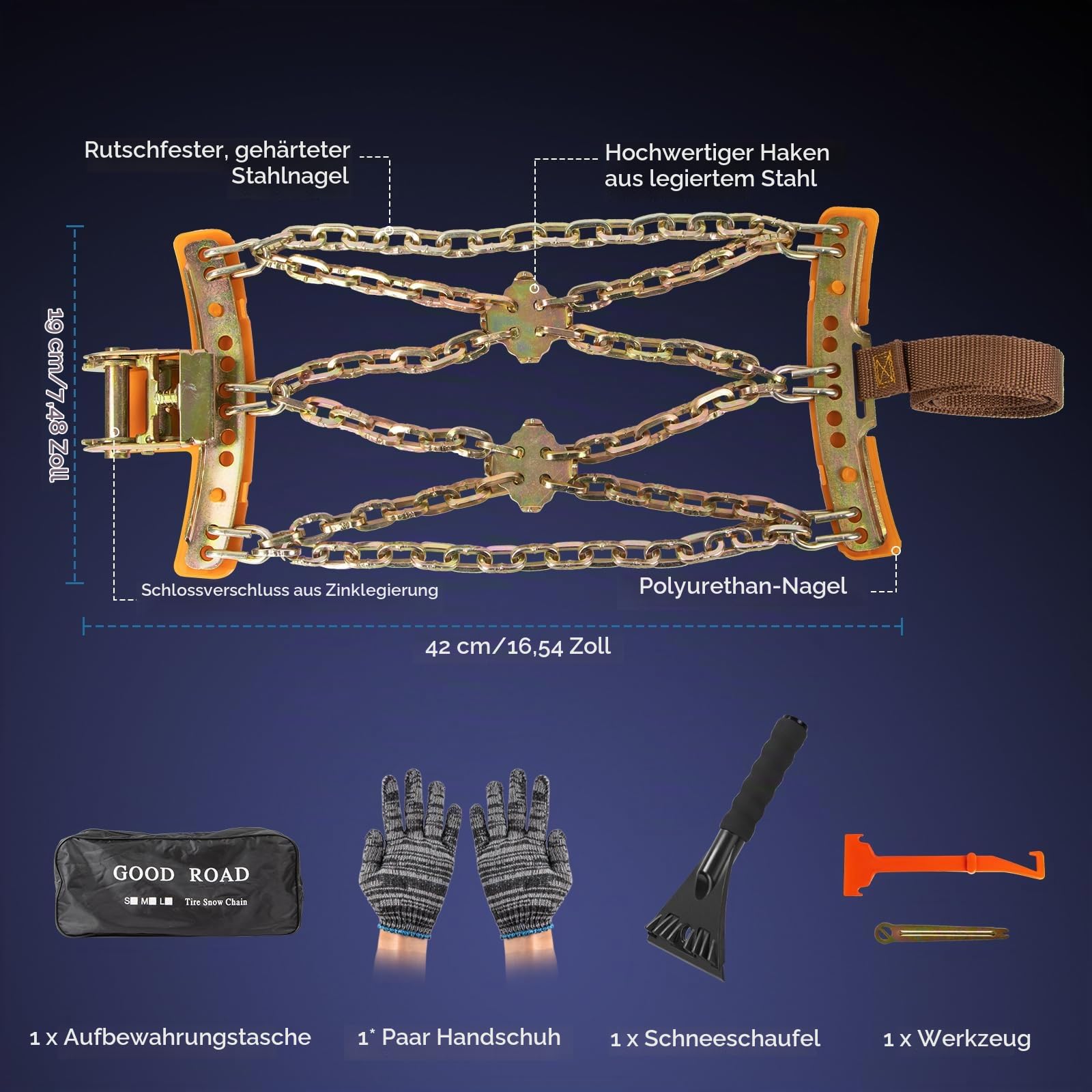 Schneeketten 4 Stück reifen ketten verstellbare Ketten robuste Schneeketten mit Kunststoff-Schneeschaufel und Handschuhen langlebige Reifen-Schneeketten für Autos LKWs SUVs Breite 165–275 mm