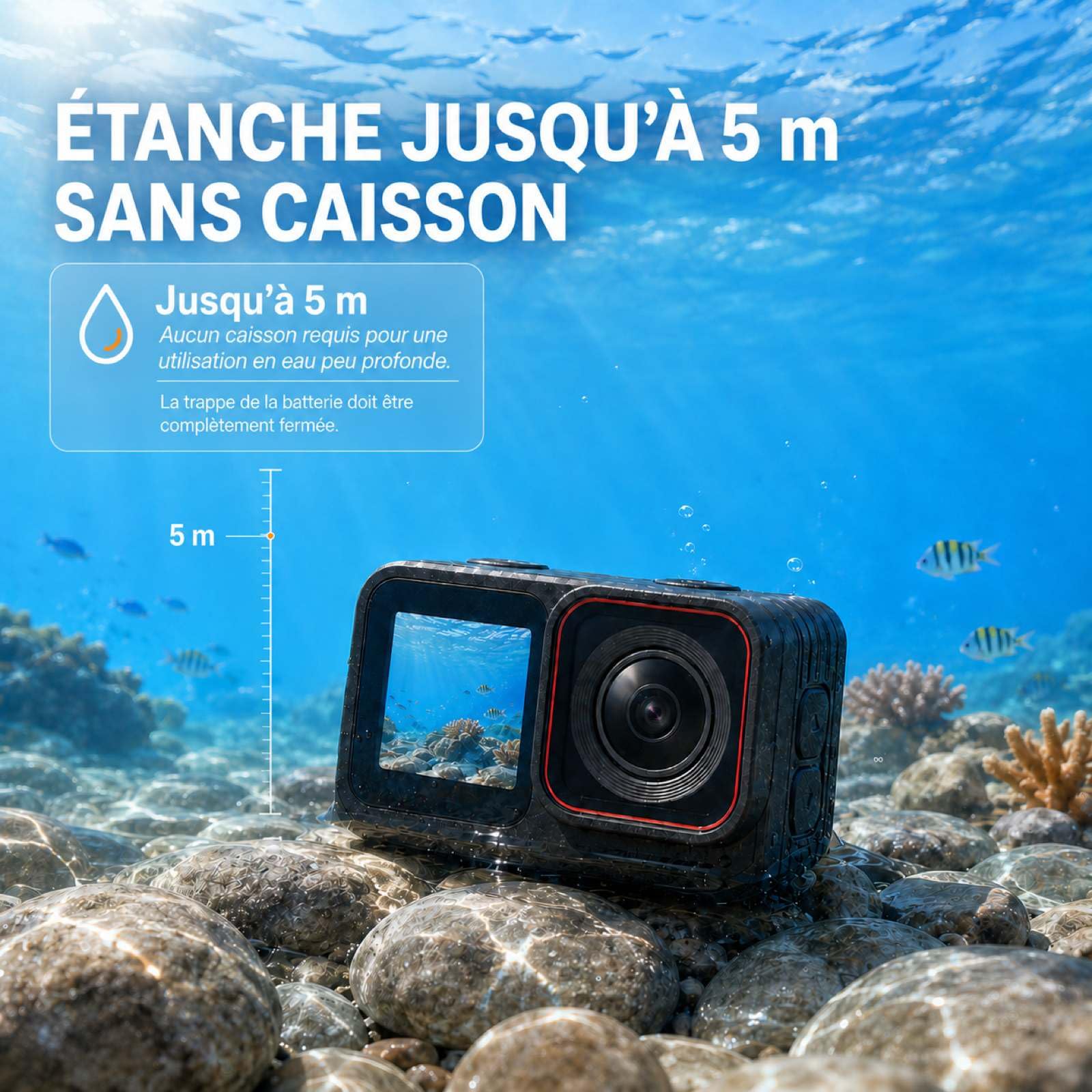 T20M Caméra d'action 4K pour vélo & POV Casque, étanche 5 m sans boîtier, stabilisation EIS 6 Axes, Double écran, 2 Batteries, Station d'accueil et Carte 64 Go