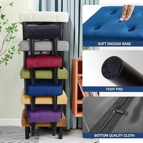 Miniatura 5 de HOUCHICS Reposapiés pequeño, otomano de madera de terciopelo con patas de madera, reposapiés para sofá, asiento adicional para sala de estar,