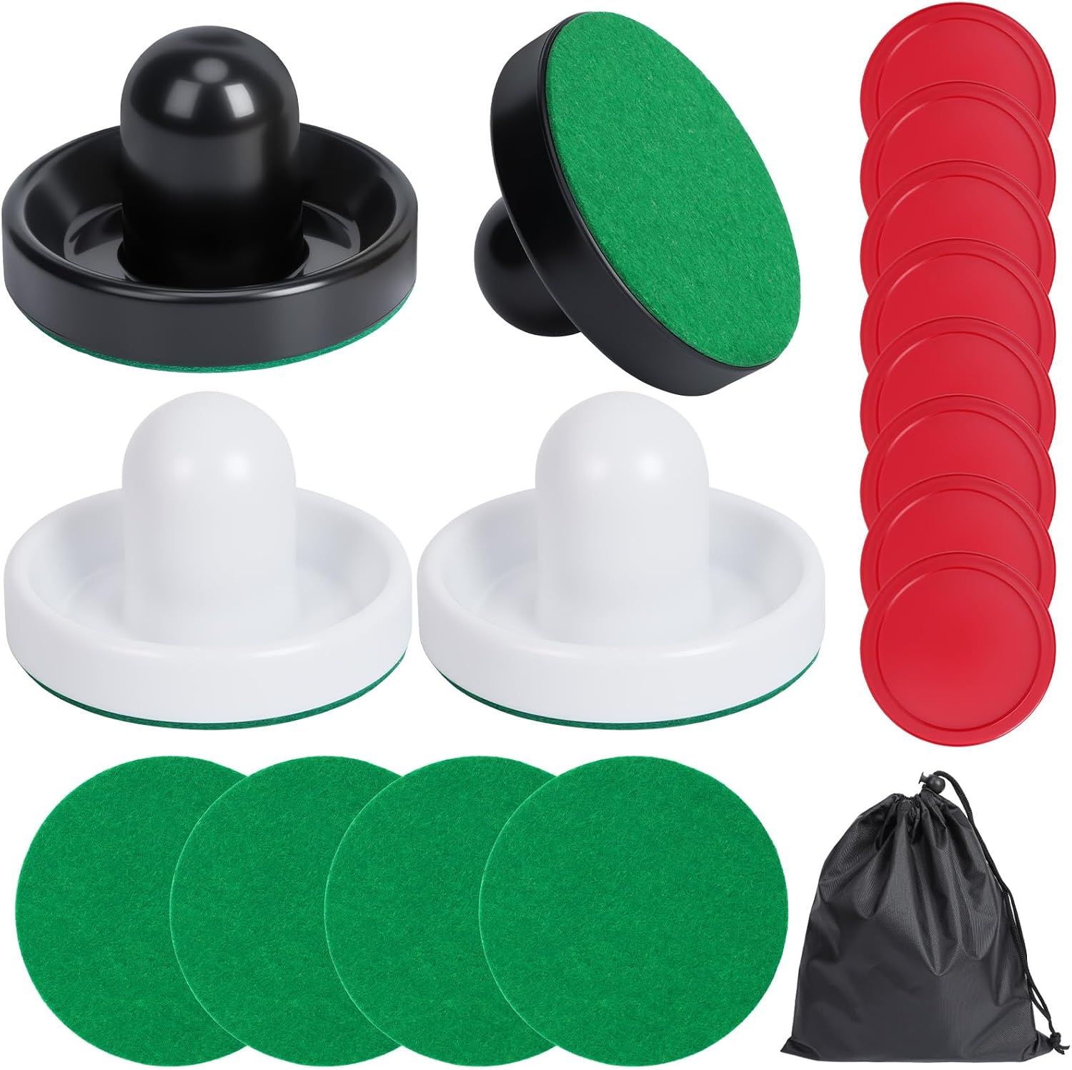 Coopay Air Hockey Paddles and Pucks, Air Hockey Pushers with Nylon Storage Bag, Goal Handles Paddles Replacement Accessories for Game Tables(4 Pushers 96mm with Pads, 8 Pucks 64mm)