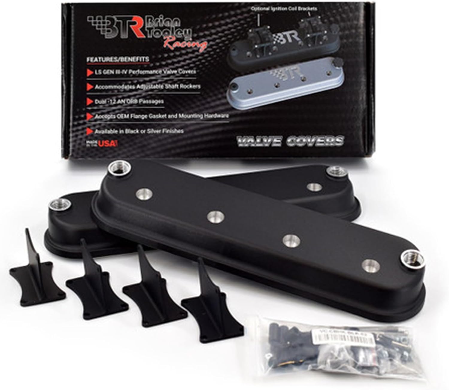 BTR Brian Tooley Racing LS Valve Covers Without Logo - with Coil Mounts - Cast Aluminum Valvecovers 4.8 5.3 5.7 6.0 6.2 7.0 LS1 LS3 LQ4 LS7 (-10AN Fittings (Pair)