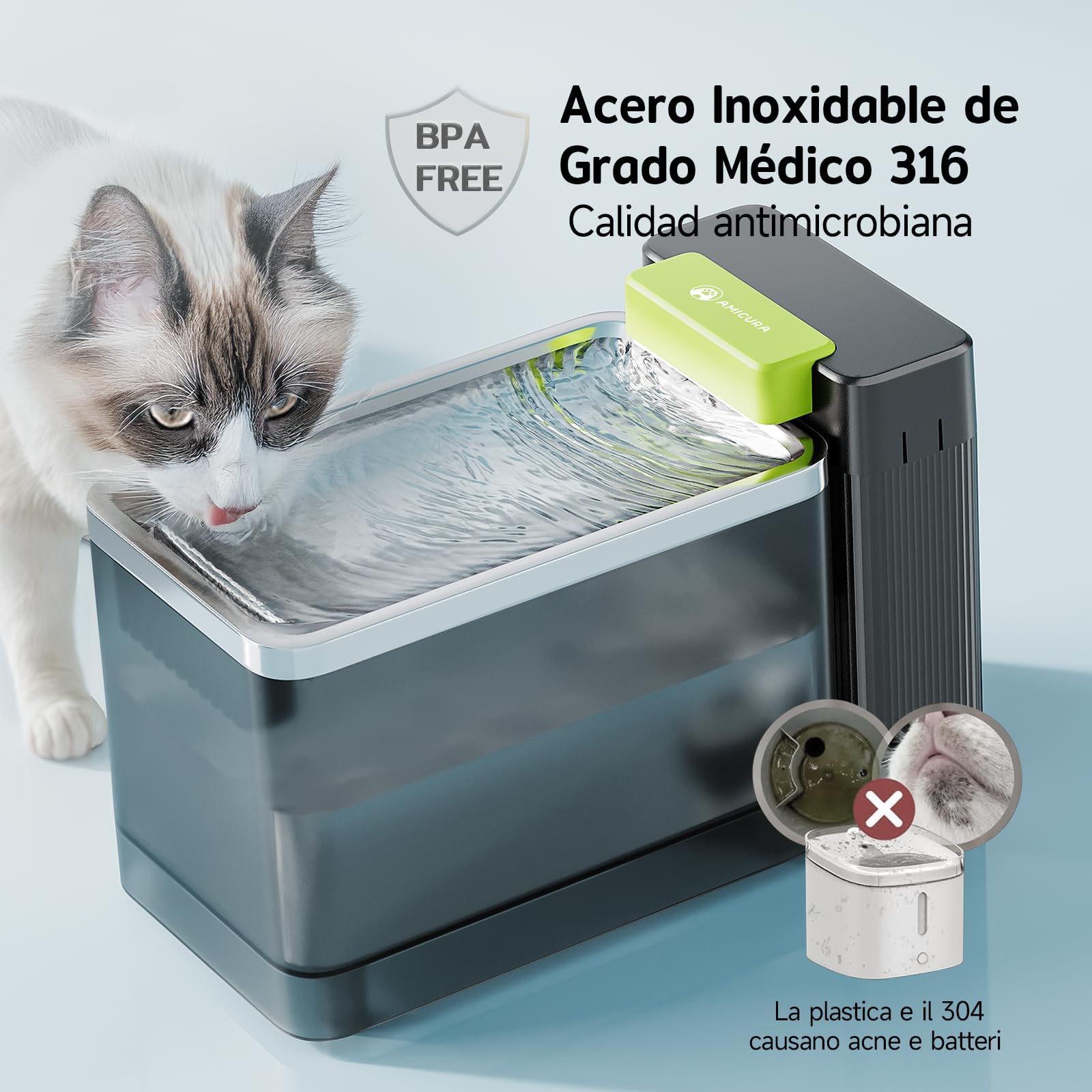 A3Lite Fontanella per Gatti Acciaio 3.3L, Disco in Acciaio 316, Filtrazione Tripla, Ultra Silenziosa (≤20dB), Modalità Touch Cascata/Energia, Avviso di Mancanza d'Acqua -Nero