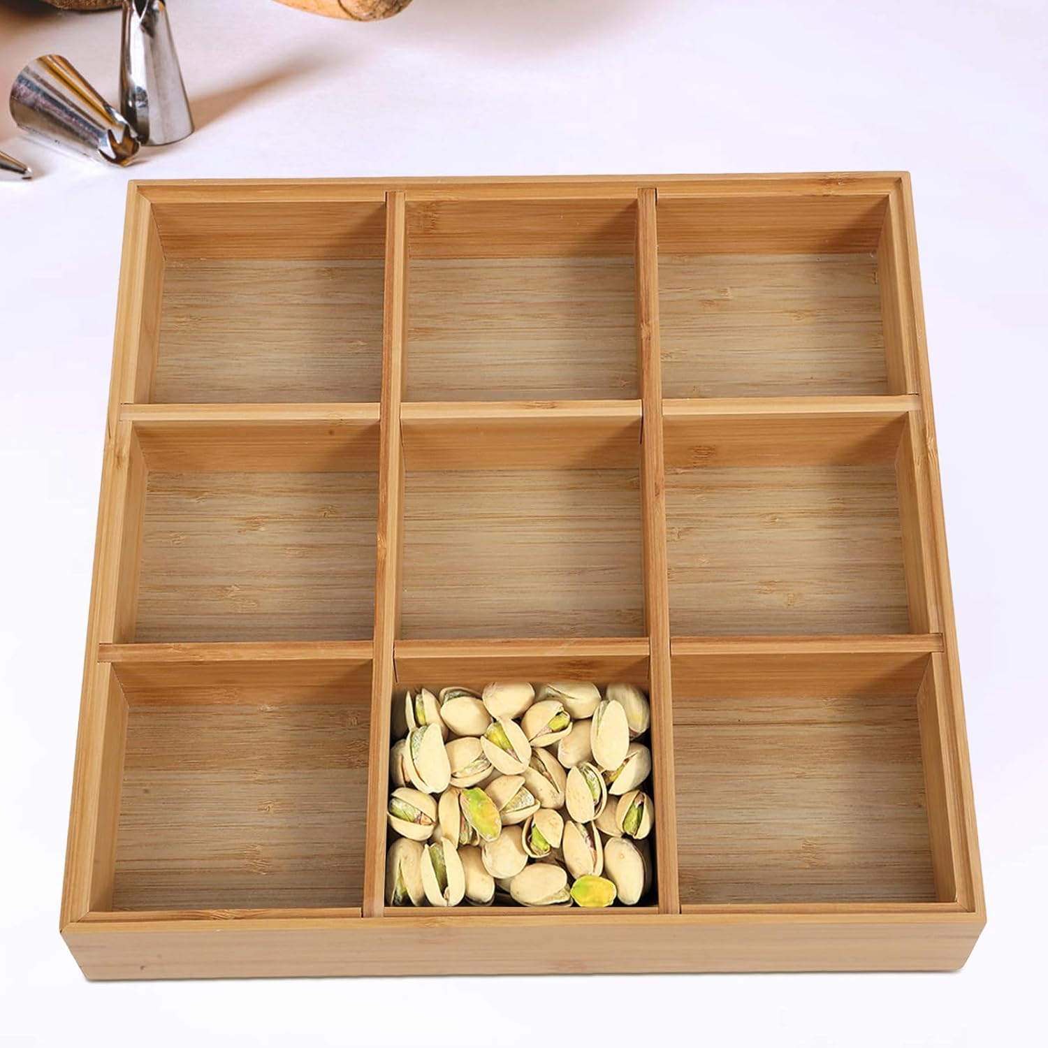 FAVOMOTO Snack Tray with Lid 9-Compartment Multi-Section Food Storage Box Food-Grade Snack Storage Tray for Nuts Fruits and Candy for Kitchen and Dining