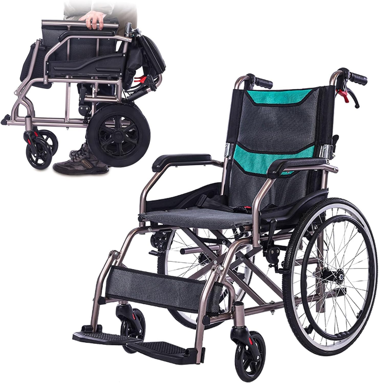Sedia a rotelle pieghevole in alluminio leggero con schienale pieghevole, sedia a rotelle leggera pieghevole con due coppie di freni, pesa solo 11,2 kg dopo essere stata piegata, può facilmente entrar