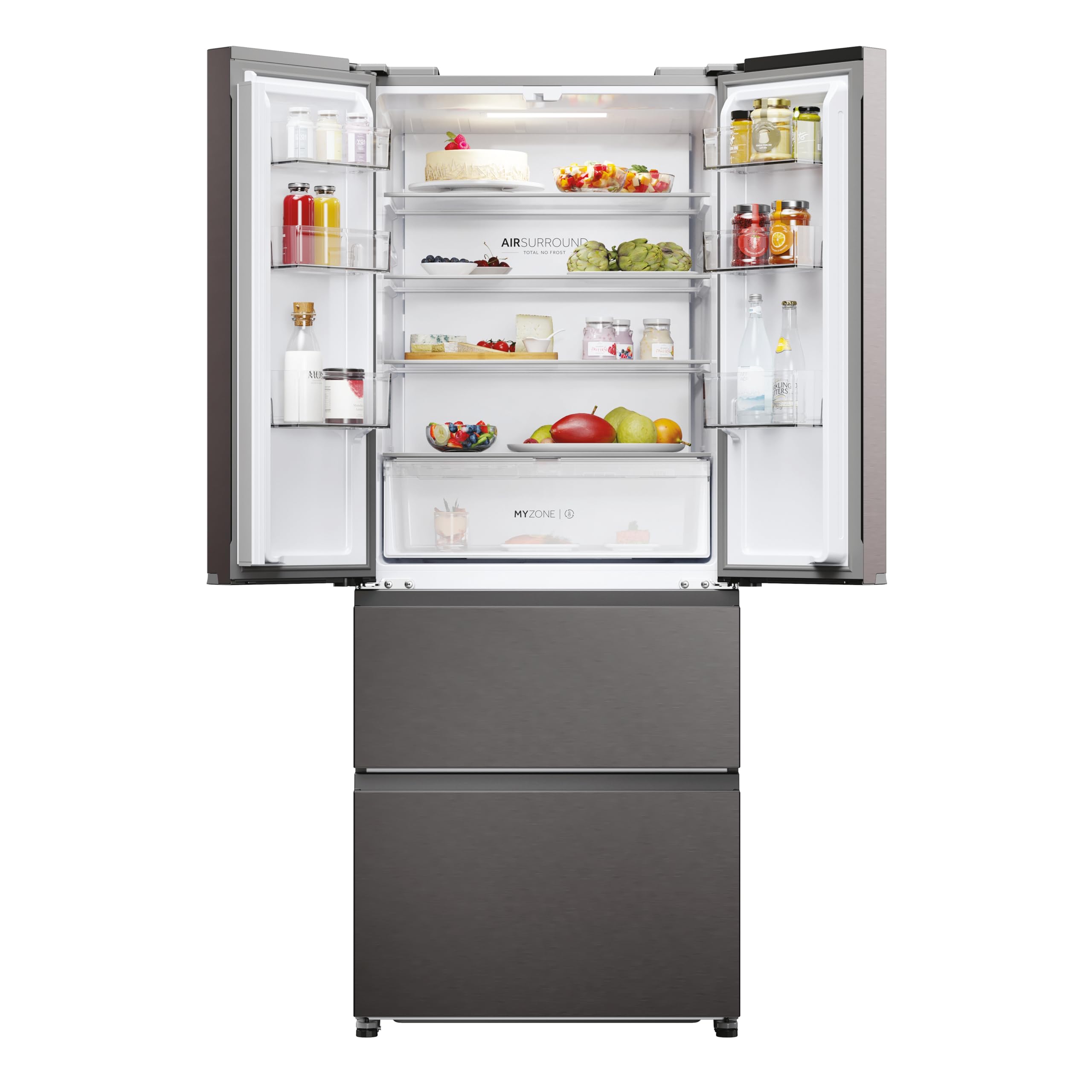 Haier FD 70 Serie 3, Frigorifero French Door, 2 Porte + 4 cassetti, 402 Litri, Total No Frost, Air Surround, My Zone, Libera Installazione, Classe E, (AxLxP) 177,5x70x68,8 cm, Dark Inox- HFR3718ENMD