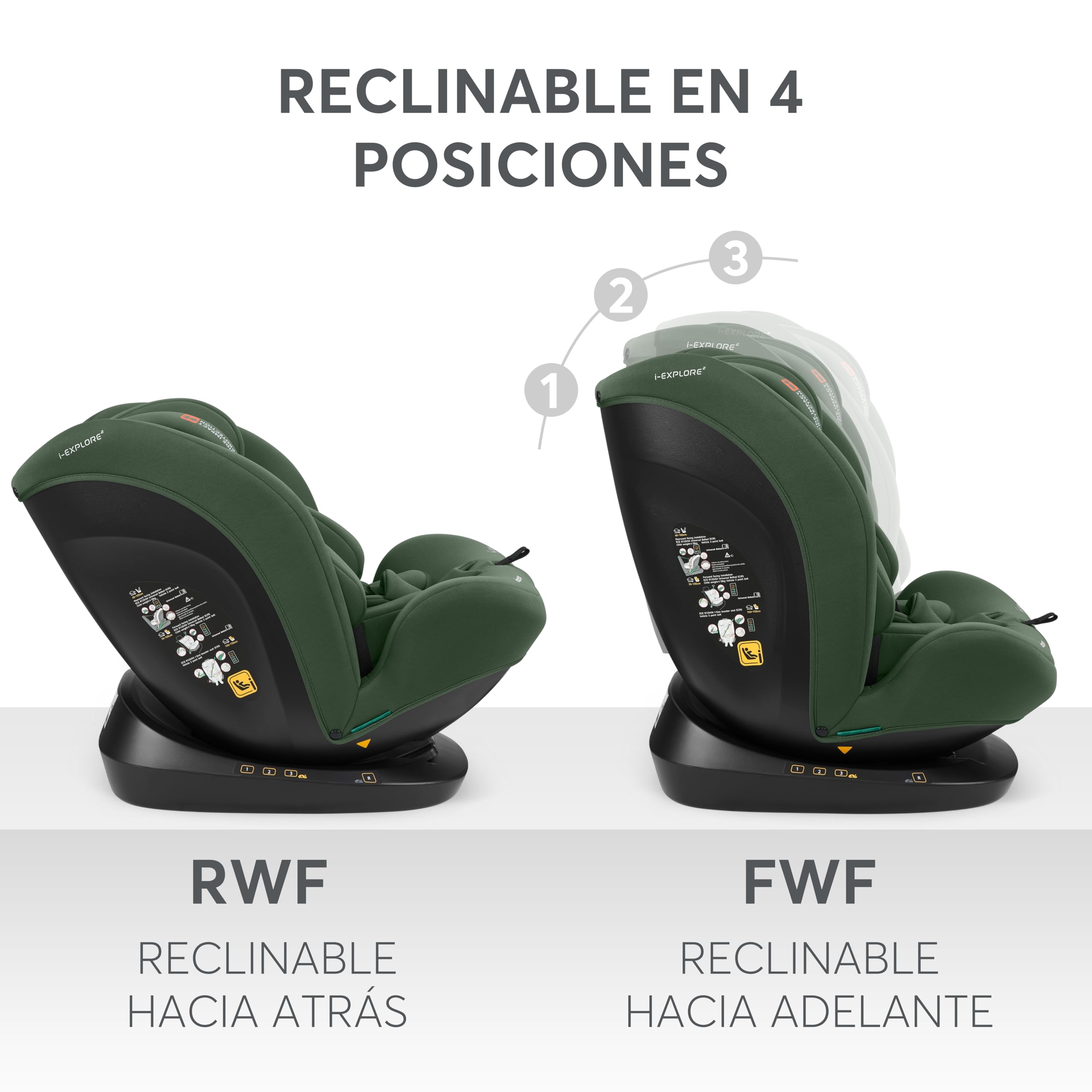 KikkaBoo Silla Coche Bebé i-EXPLORE 2, Grupo 0 1 2 3, i-Size 40-150 cm, Reclinable, 0-12 Años, Reposacabezas 14 Posiciones, Cojín y Arnés 5 Puntos, Army Green