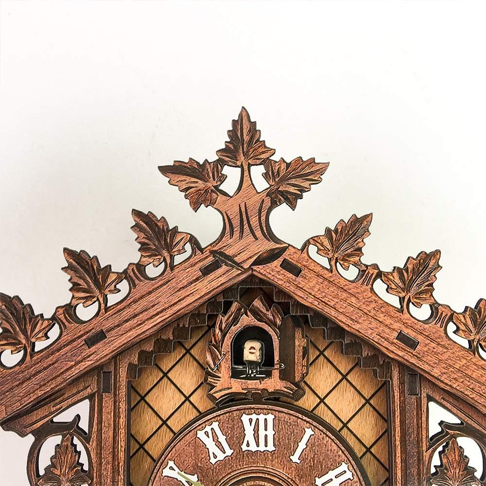 Wall Clock European Wooden House Swinger Wall Clock Home Living Room Bedroom Cuckoo Clock Creative Wood Pattern Carving Ornament Personality Retro (24.2 * 19 * 5.5CM) (Color : Yellow) (Color :