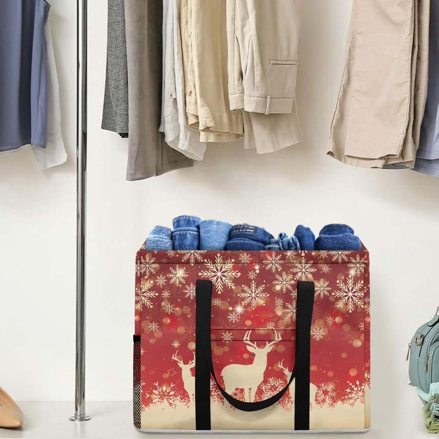 Deer Christmas Large Laundry Hamper with Handle and Pocket Waterproof Dirty Clothes Basket Foldable Durable Laundry Baskets Christmas Decor