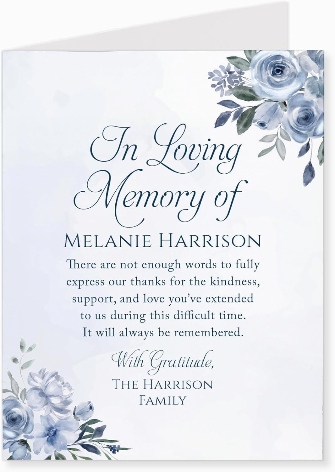 Soft Blue Floral In Loving Memory Funeral Thank You Cards, Personalized Sympathy Acknowledgements, Elegant Bereavement Flat Notes with Envelopes - 4.25x.5.5"