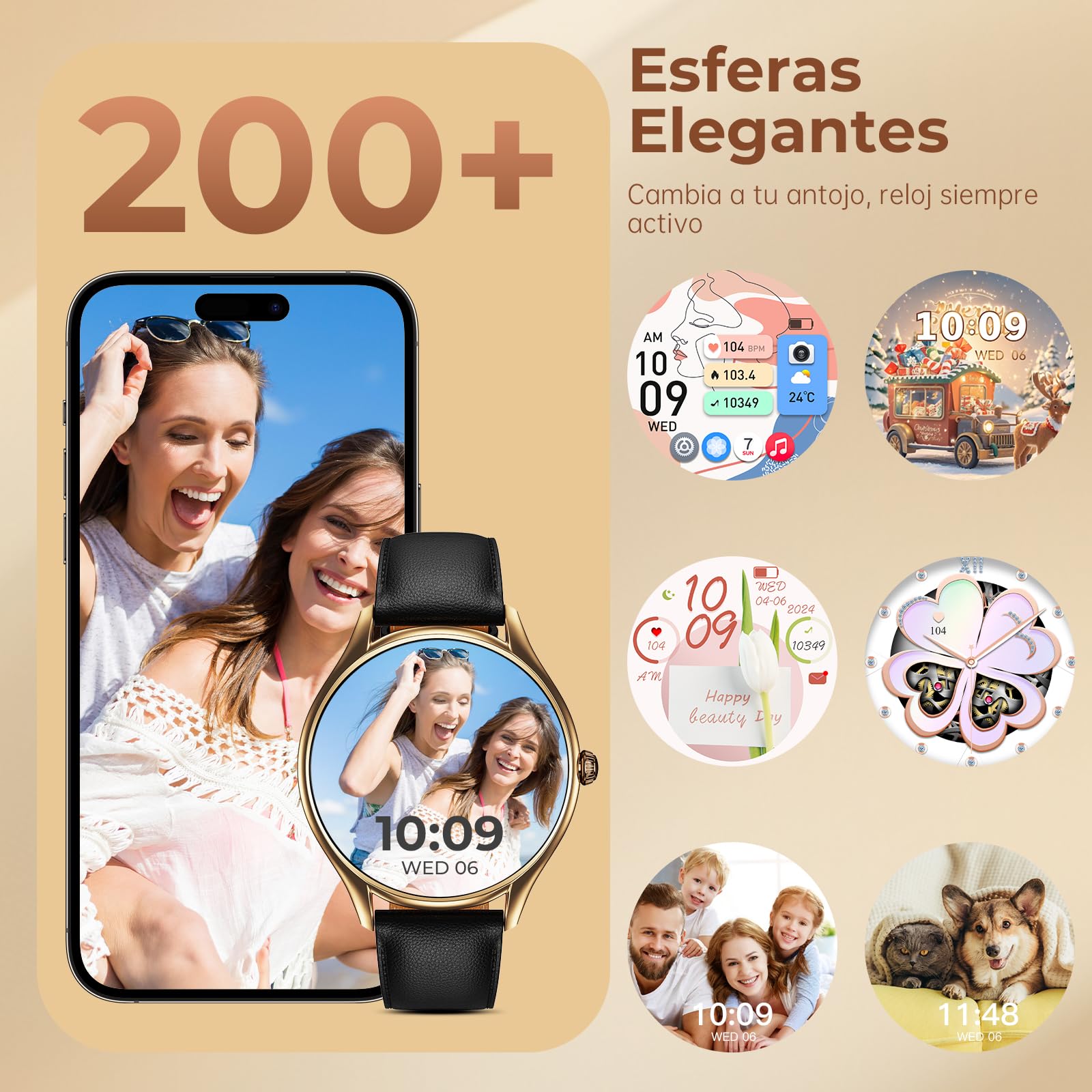 Reloj Inteligente Mujer con Pantalla AMOLED 1,43" Smartwatch Deportivo Impermeable IP68, Monitor Sueño/SpO2/Ciclo Menstrual, 120+ Modos Deporte, Diseño Ultra Delgado Elegante (Oro Rosa/Negro)
