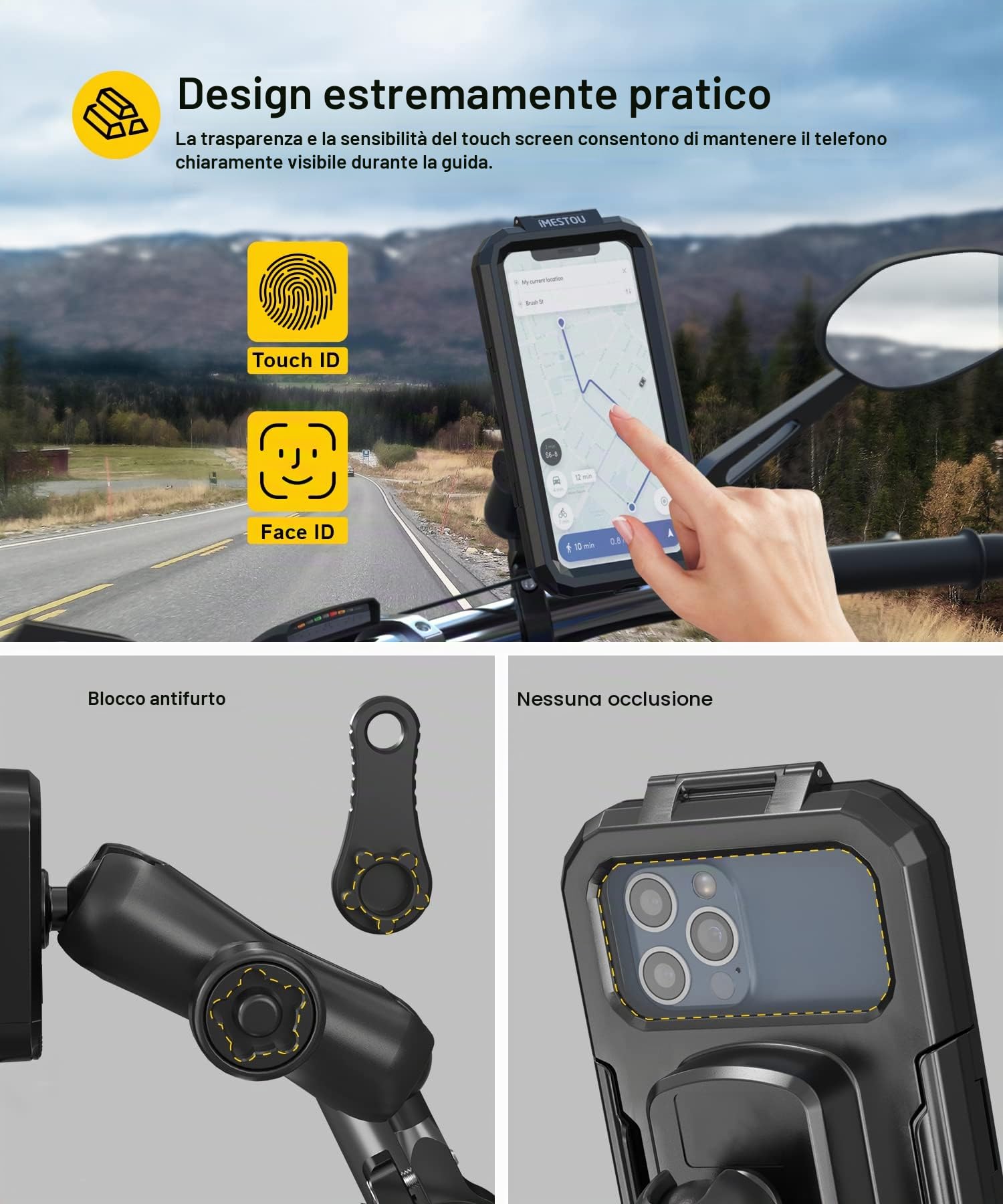 iMESTOU Supporto Antifurto Impermeabile per il Telefono del Motociclo con 1" Adattatore a Sfera del Manubrio, Supporto Mobile per Bici con Rotazione a 360° per Telefoni Cellulari da 5,5"-6,8" (L)