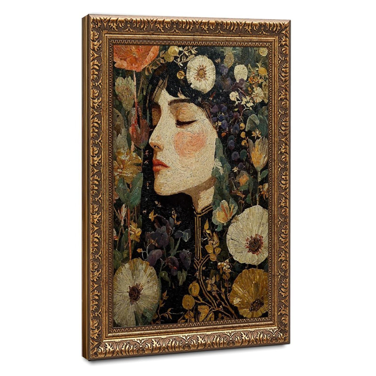 Bareronor Bronze Floral Mosaic Woman Portrait Canvas Poster Bedroom Decor Landscape Office Room Decor Gift 20" L X 30" W